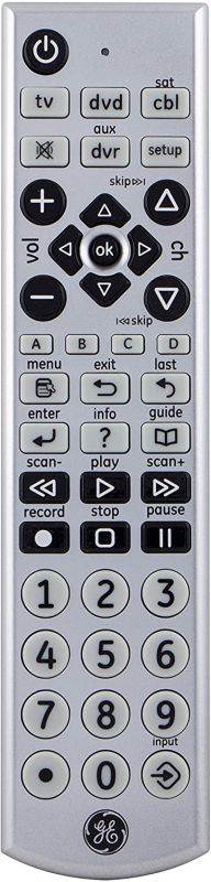 GE Big Button Universal Remote Control for Samsung, Vizio, Lg, Sony, Sharp, Roku, Apple TV, TCL, Panasonic, Smart TVs, Streaming Players, Blu-Ray, DVD, 4-Device, Silver, 34931