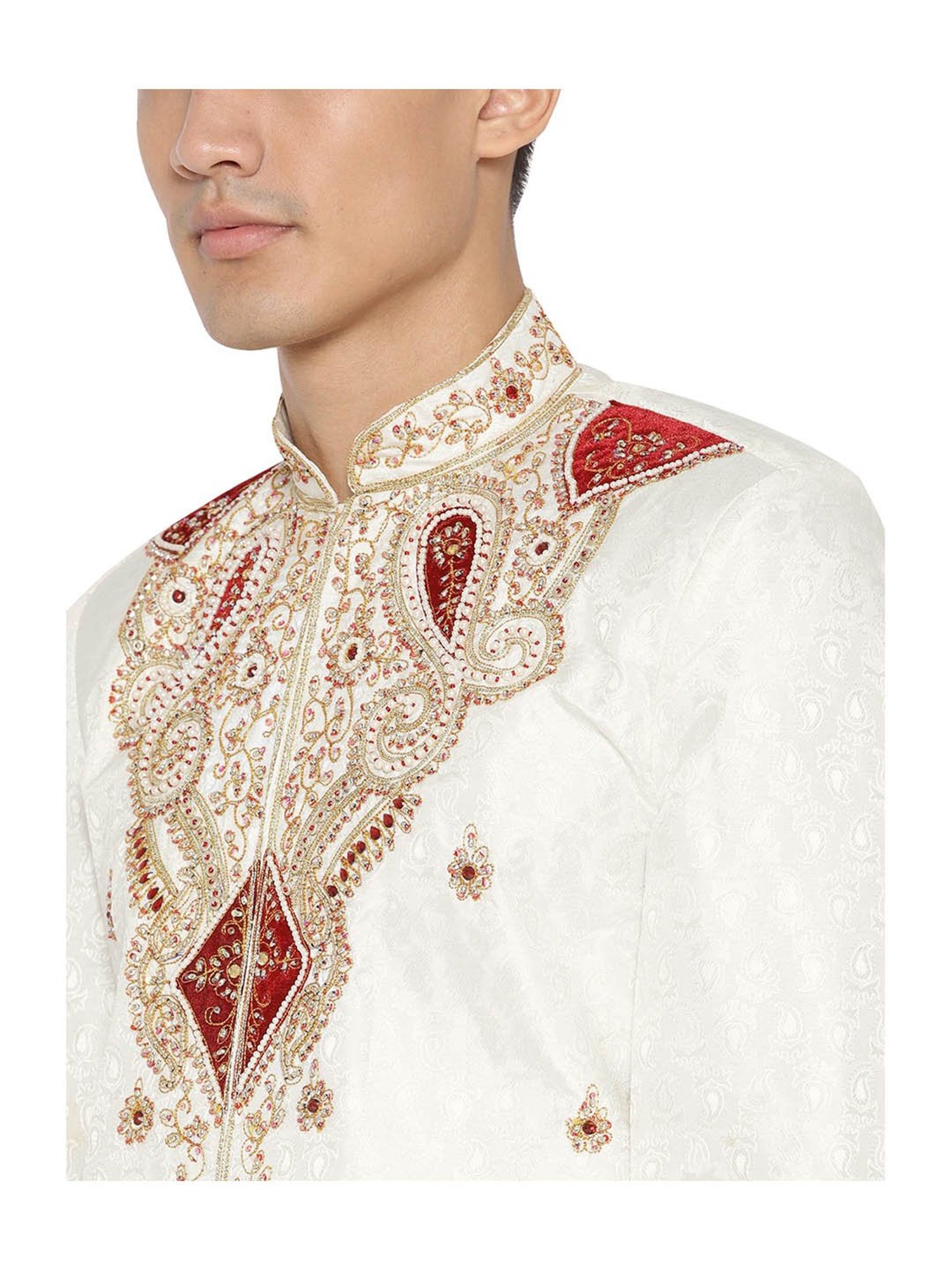 SG LEMAN Cream Regular Fit Embroidered Sherwani Set