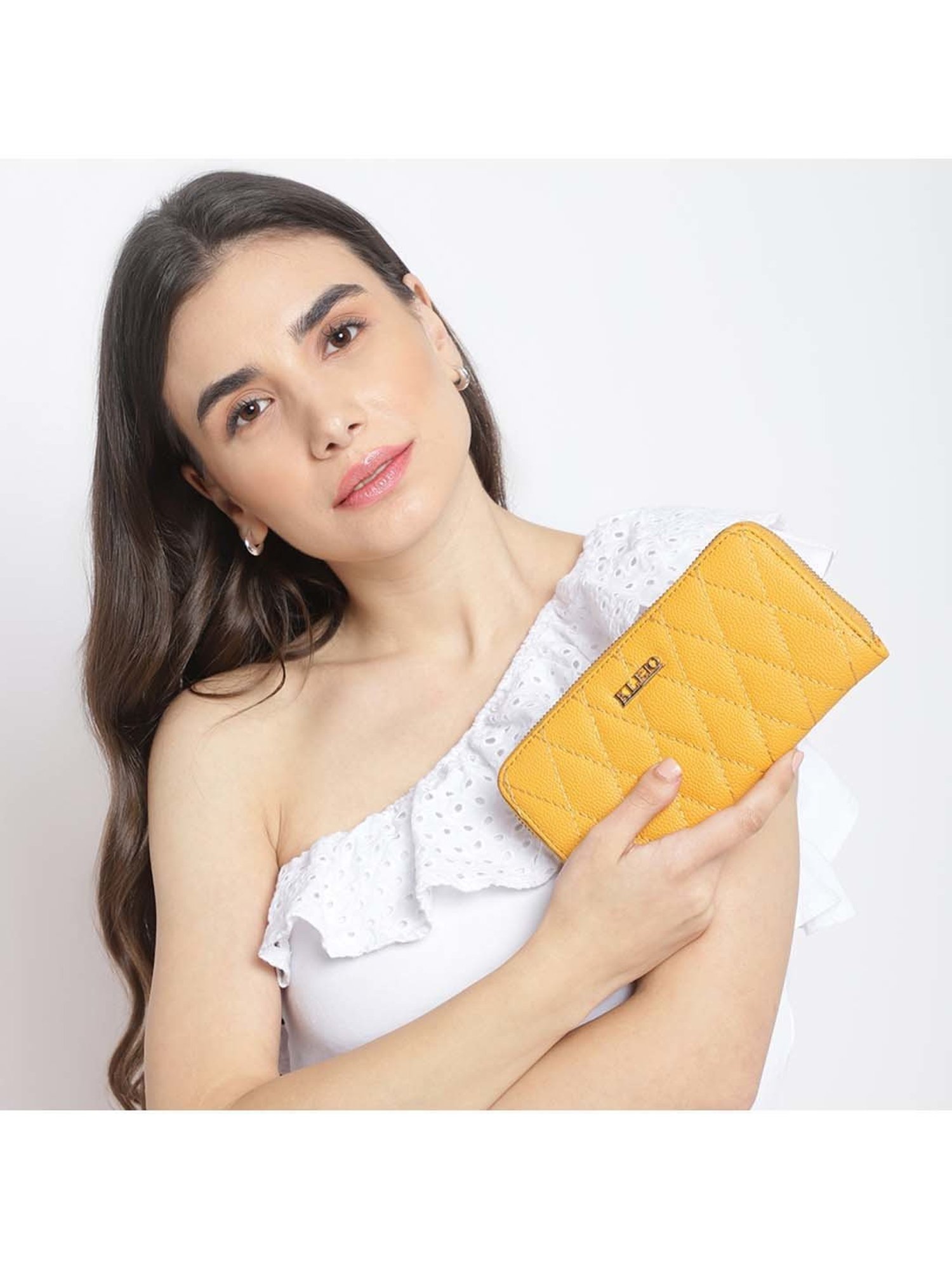 KLEIO Mustard Quilted Zip Around Wallet for Women