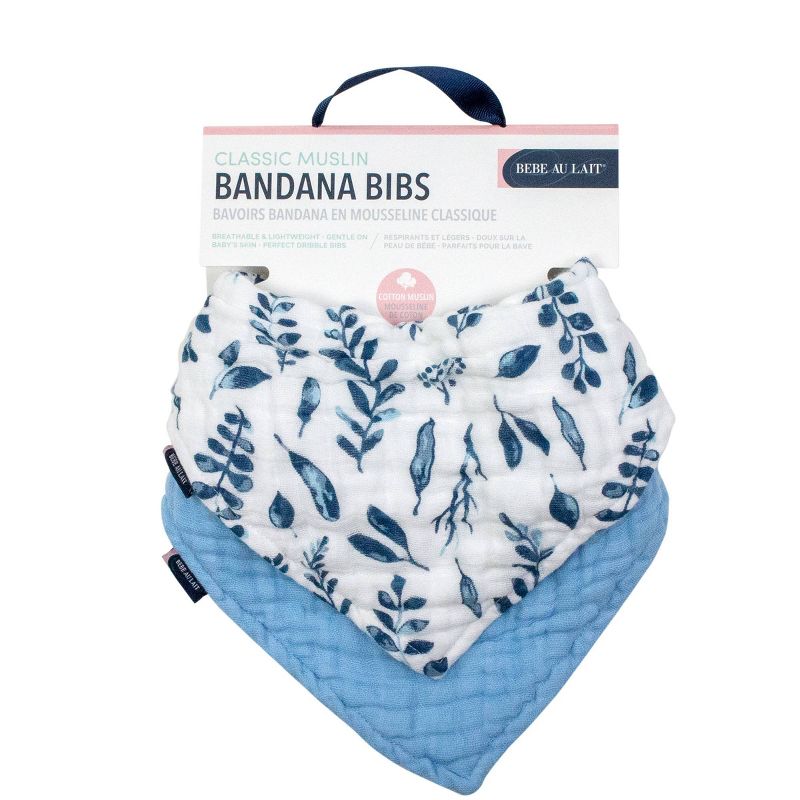 Bebe au Lait 2pk Muslin Bandana Bib Set - Blue Leaves/Cornflower