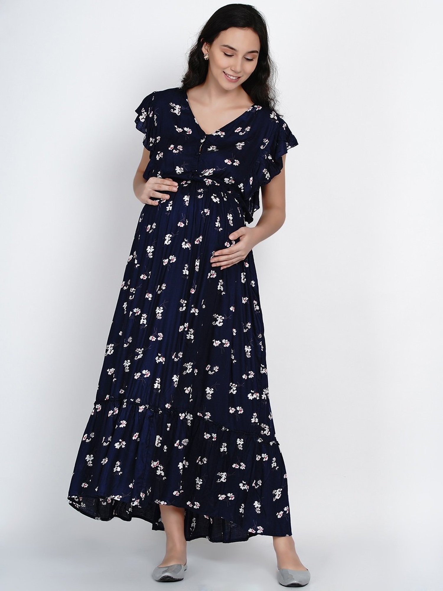 Mine4Nine Navy Floral Print Maternity Dress