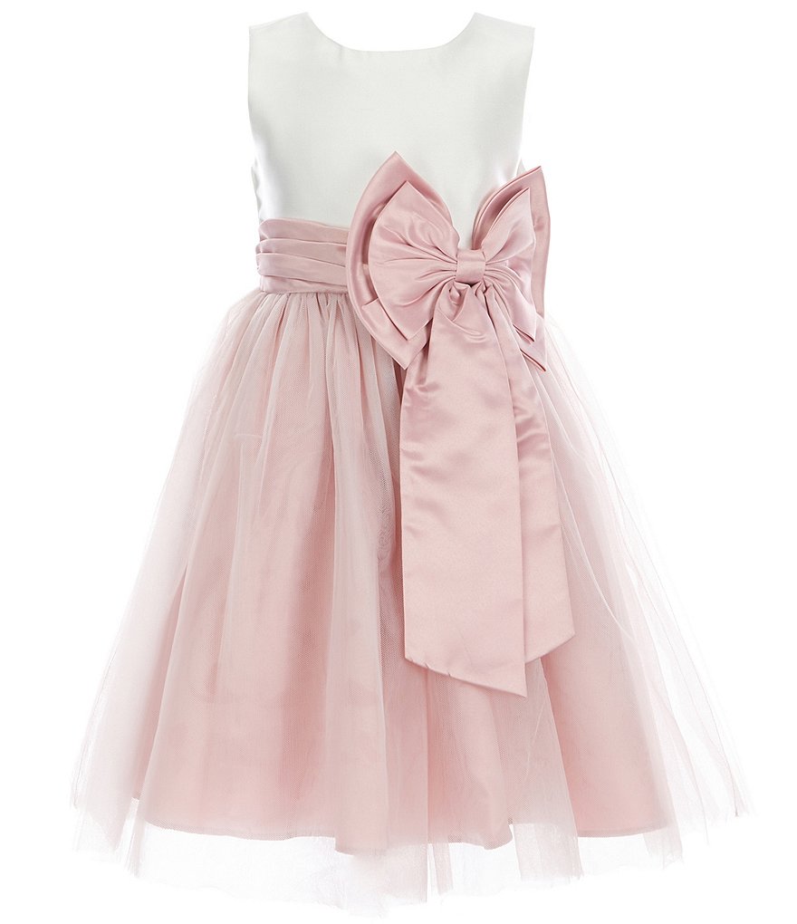 Rare Editions Little Girls 2T-6X Bow-Waist Satin/Jacquard-Stripe Hi-Low Ballgown