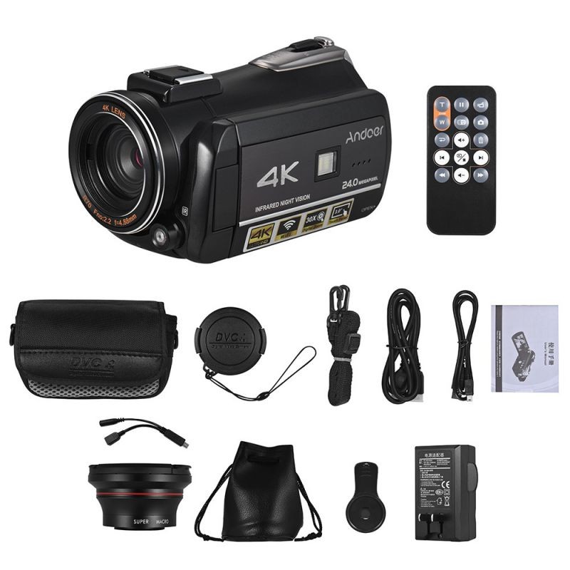 Andoer AC3 4K UHD 24MP Digital Video Camera Camcorder DV Recorder 30X Zoom WiFi Connection IR Night Vision 3.1 Inch IPS LCD Touchscreen Hot Shoe Mount with 2pcs Rechargeable Batteries + Extra 0.39X