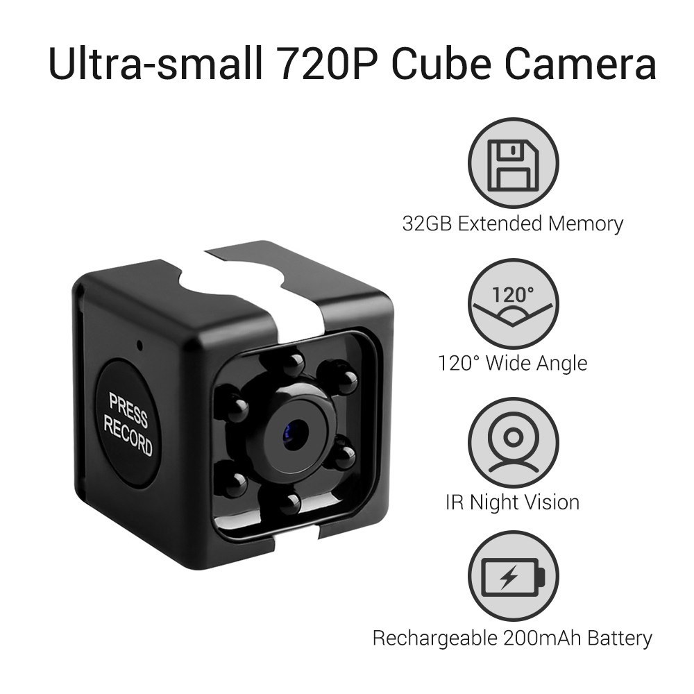 Mini Cube Camera 720P HD IR Night Vision 120&deg; Wide Angle 32GB Extended Memory