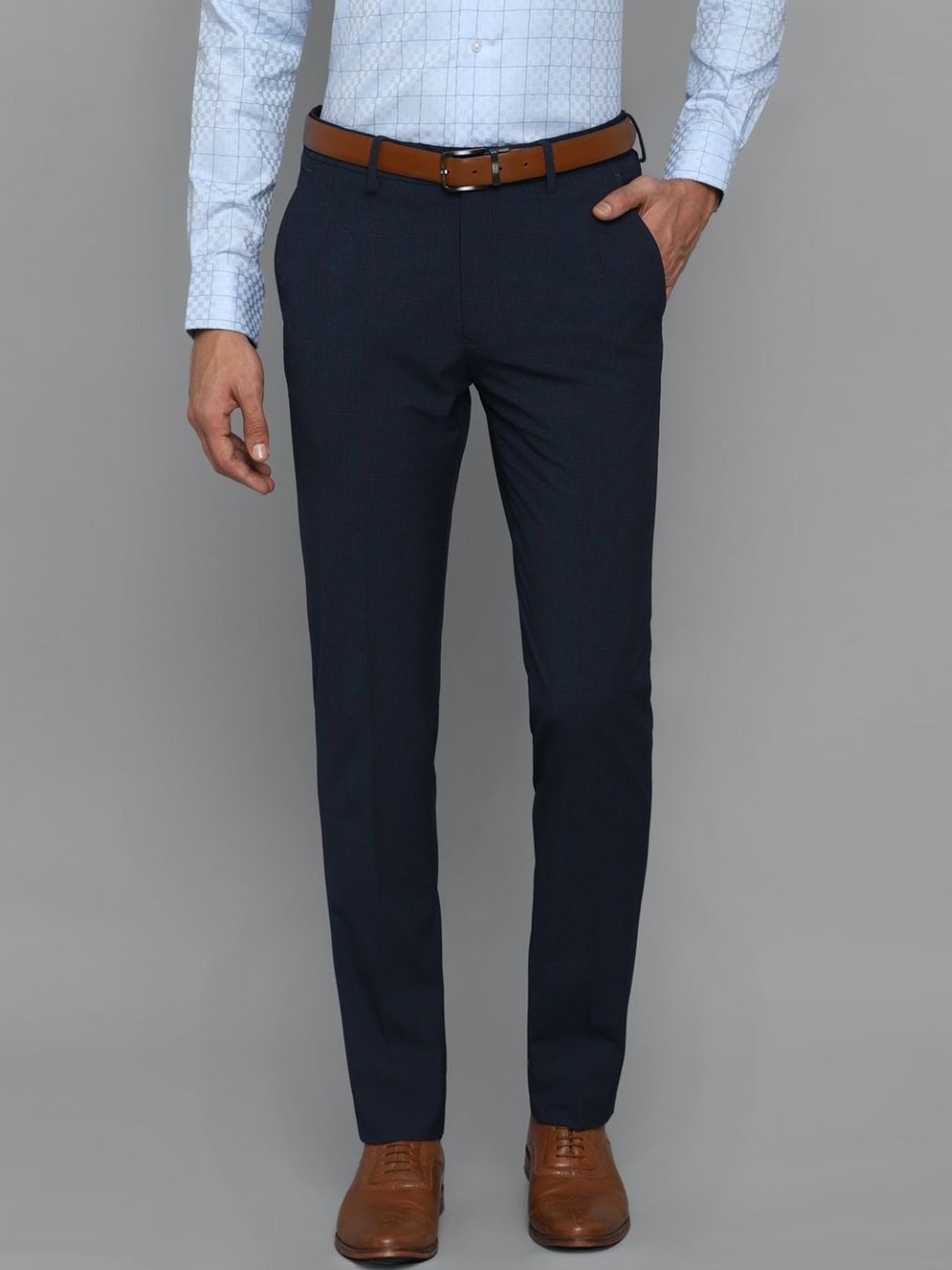 Louis Philippe Navy Slim Fit Checks Trousers