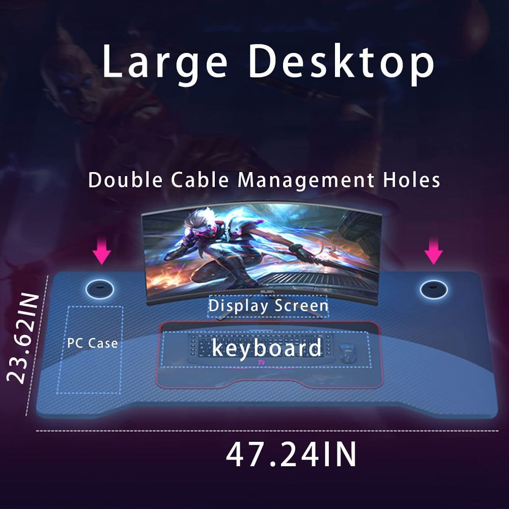 Gaming Desk, 47 Inch Gaming Tables, Z Shaped Home Office PC Computer Table, Black Gamer Workstation with 2 Cable Management Holes, Large Gaming Surface (Black)