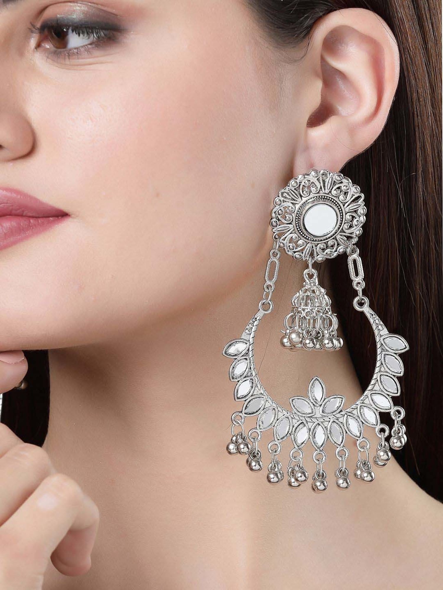 NVR Silver-Plated Mirror Work Oxidized Chand Bali Earrings for Women