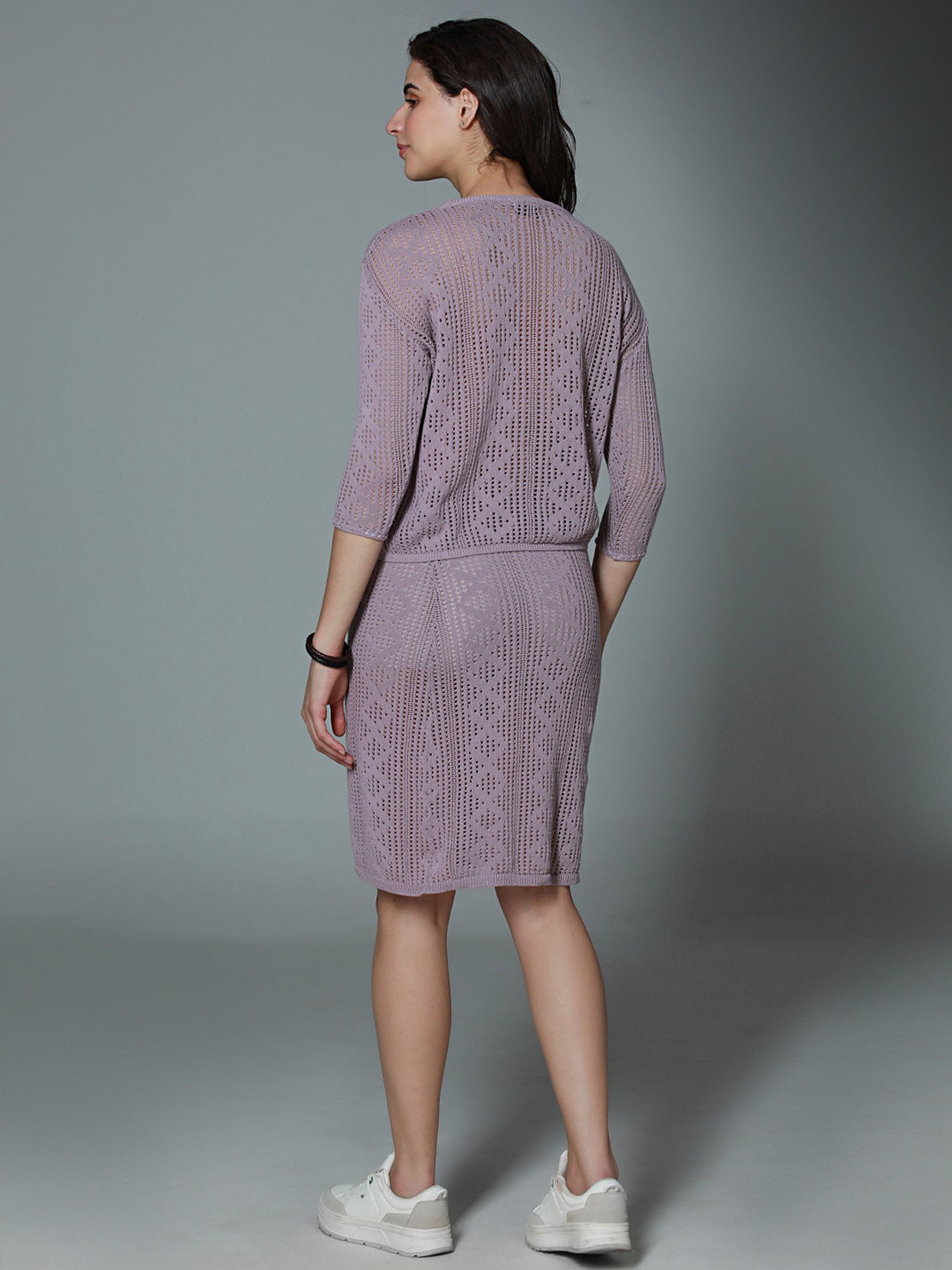 High Star Lavender Cotton Self Design Top With Skirt