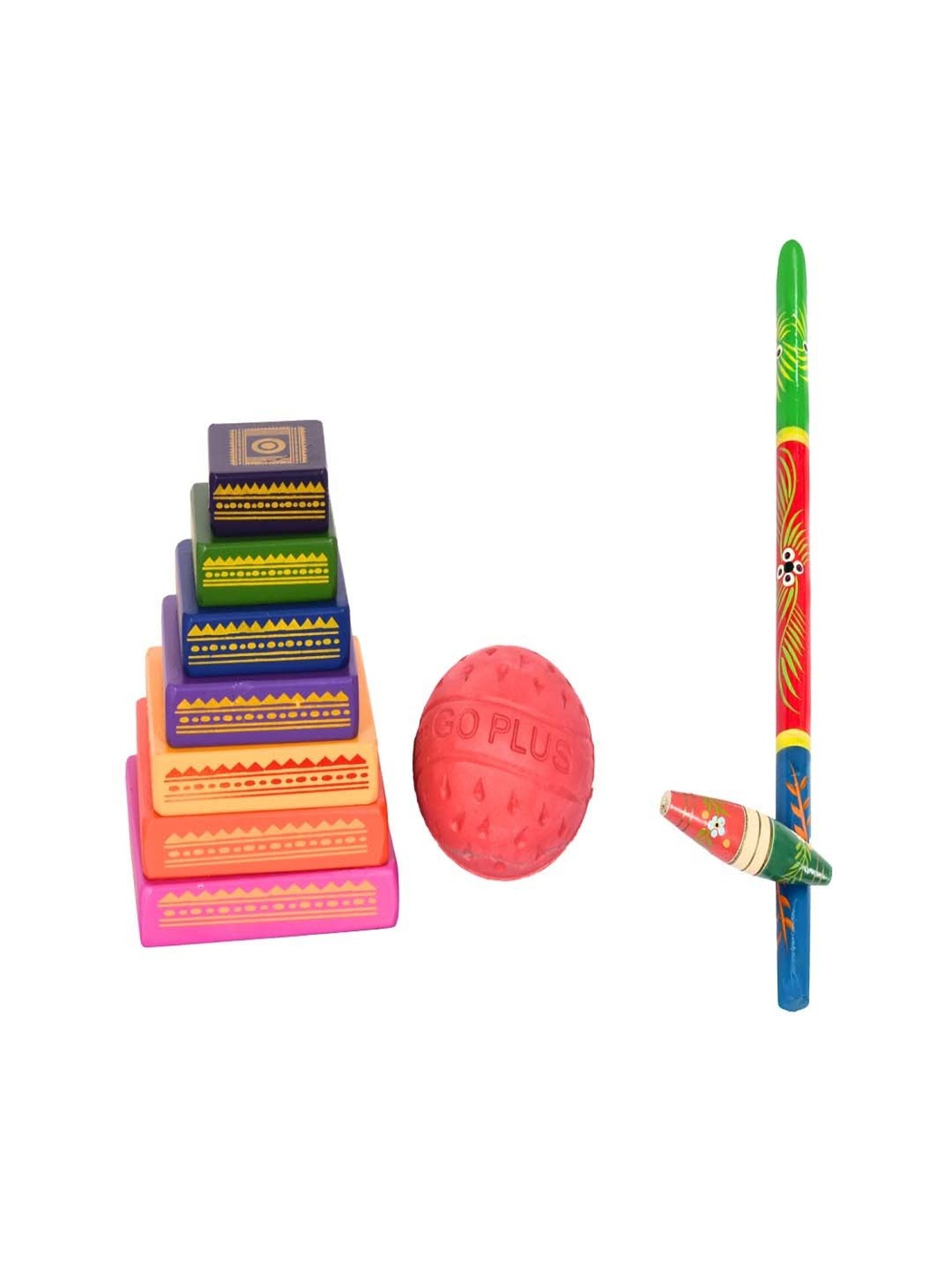 Desi Toys Kids Multicolor Wooden Seven Stones & Gilli Danda Game Set