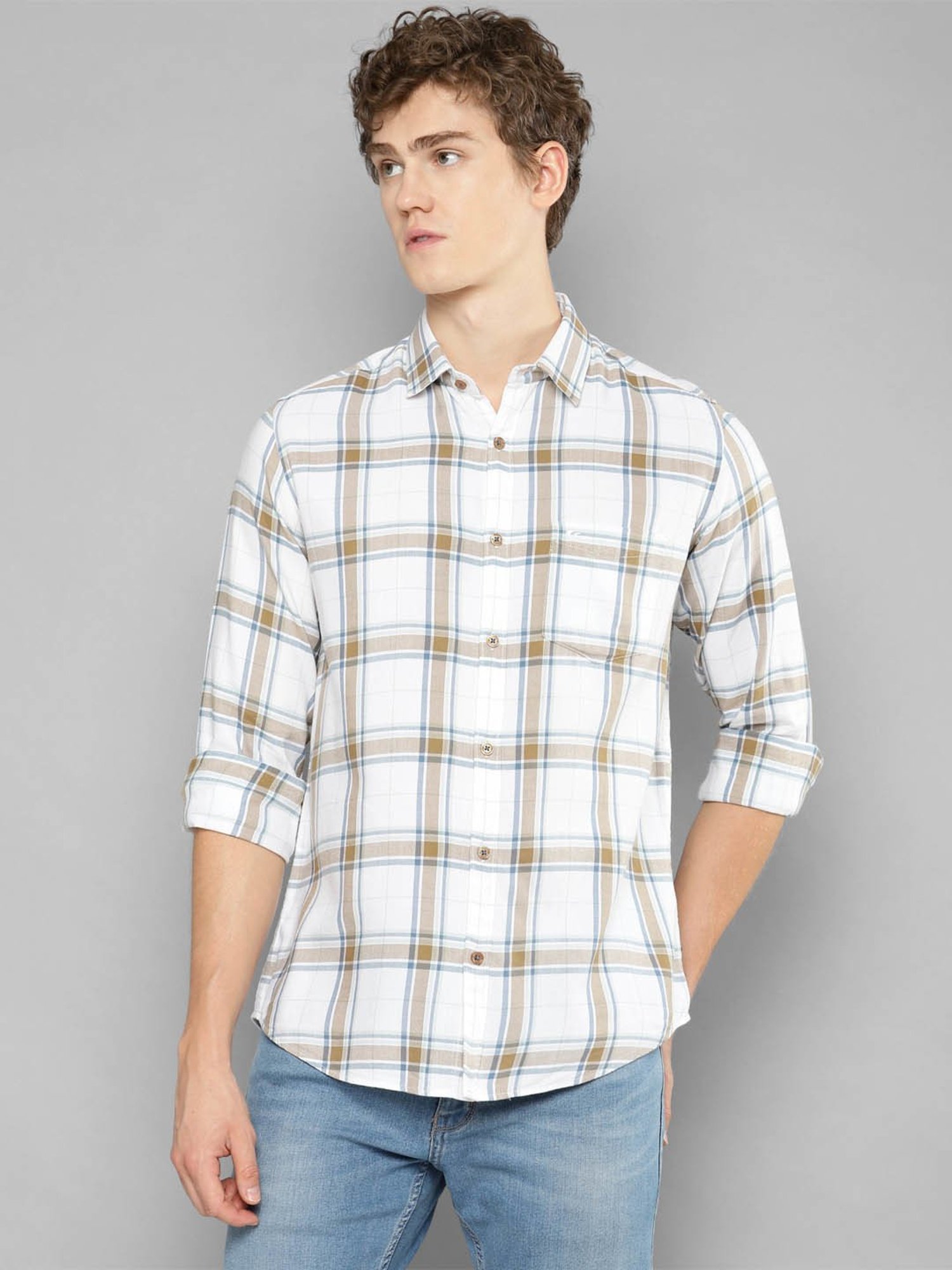 Allen cooper White Regular Fit Check Cotton Shirt