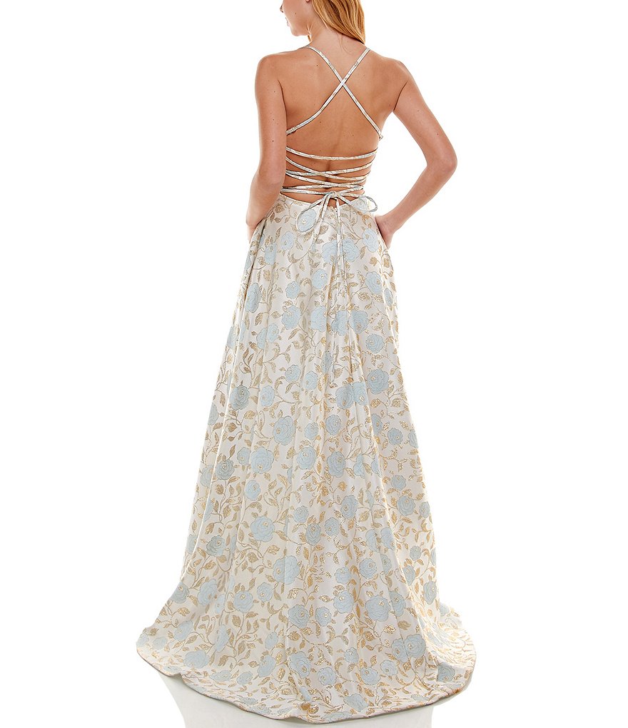 B. Darlin Spaghetti Strap Lace-Up-Back Floral Jacquard Ball Gown