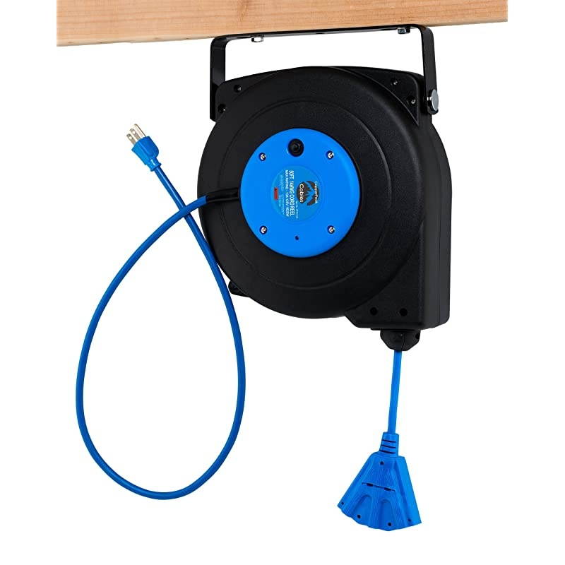 50 ft Retractable Extension Cord Reel Ceiling or Wall Mount 14 Gauge Blue and Black