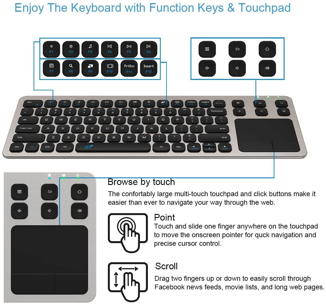 Wireless Keyboard, 2.4G Wireless Touch TV Keyboard with Easy Media Control and Built-In Touchpad Mouse Solid Stainless Ultra Compact Full Size Keyboard for TV-Connected Computer, Smart TV, HTPC