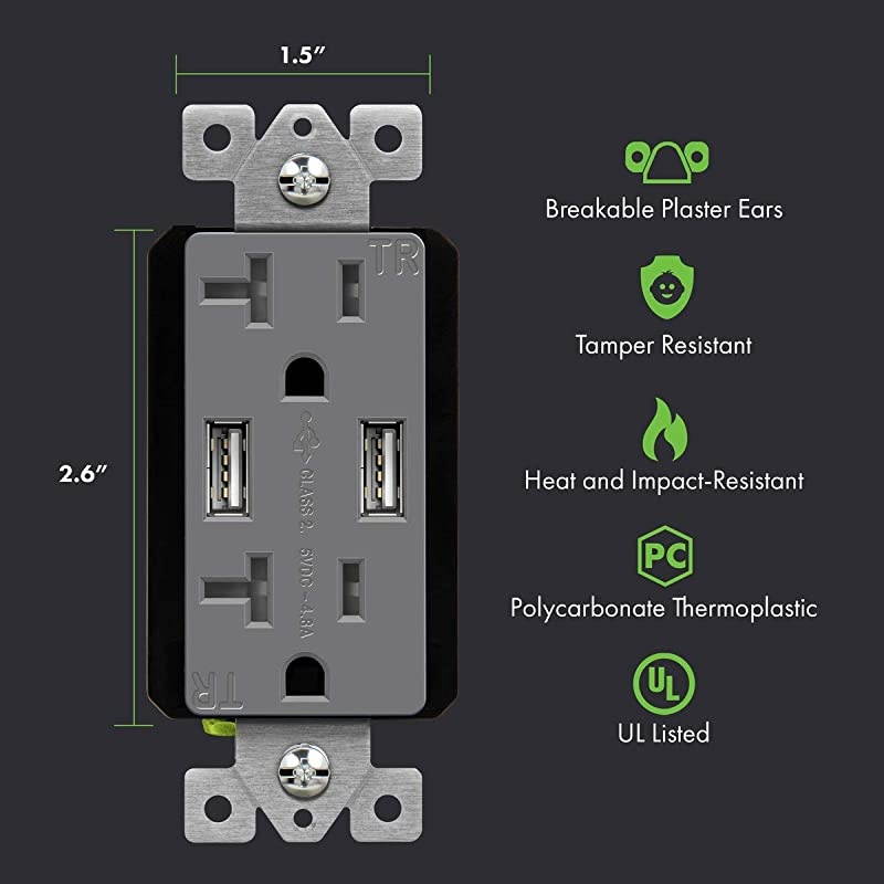 48A High Speed USB Outlet Wall Charger with Stainless Steel Decorator Wall Plate 24W 20A TamperResistant Receptacle UL Listed TU22048AGYWP7731 Gray