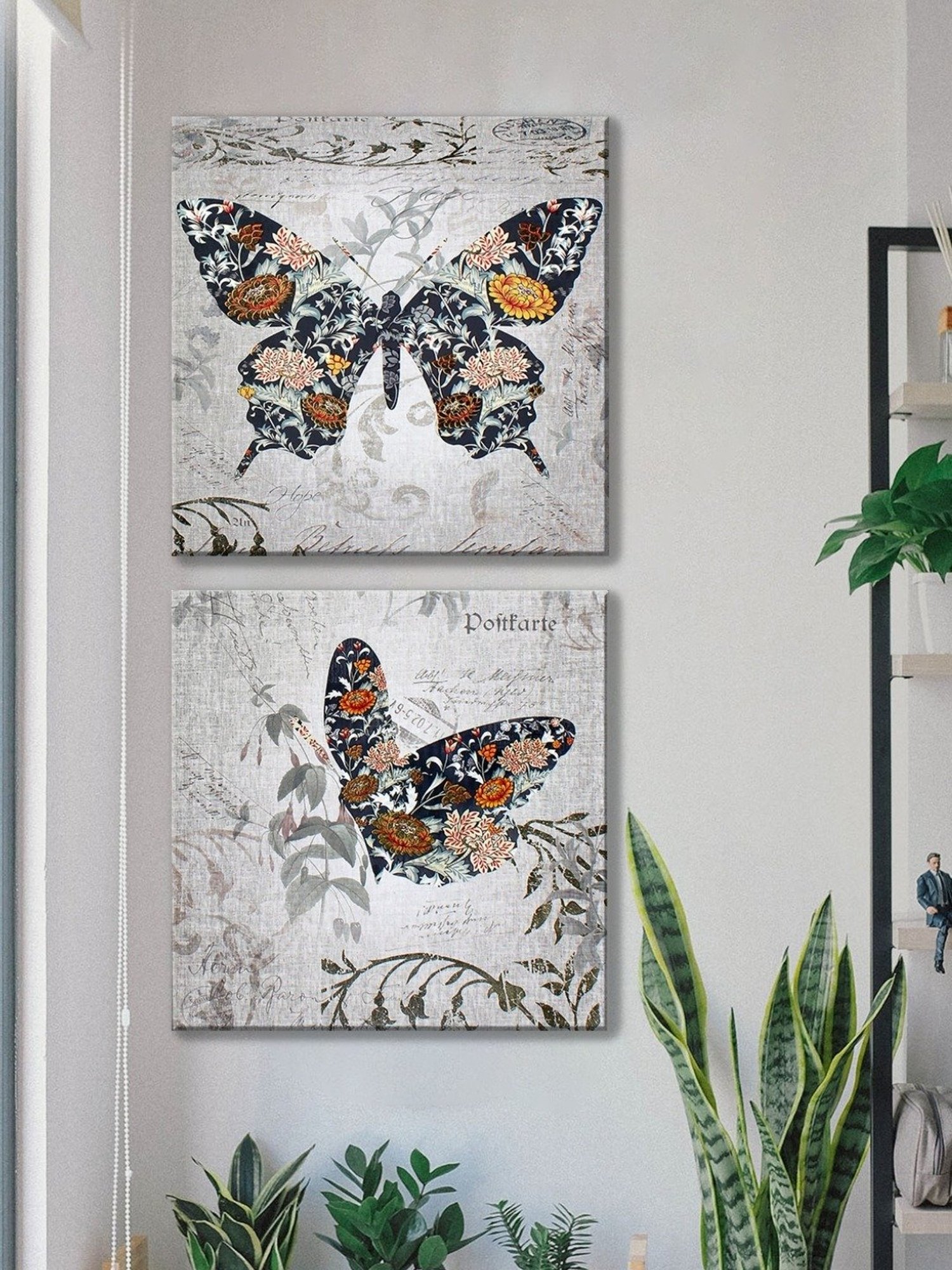 Art Street Butterfly Beauty Printed Multicolor Cotton Canvas Wall Art - Set Of 2