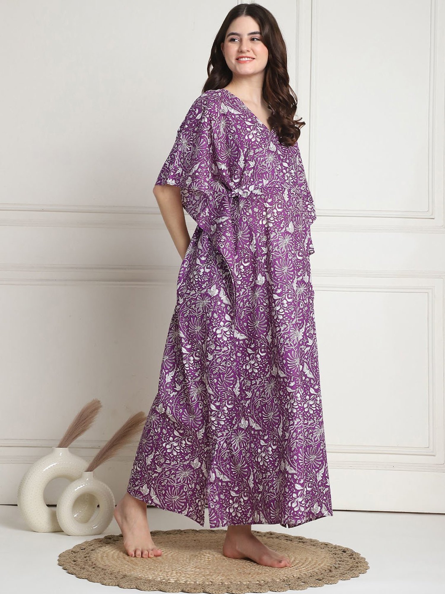 Secret Wish Purple Floral Print Maternity Kaftan Night Dress