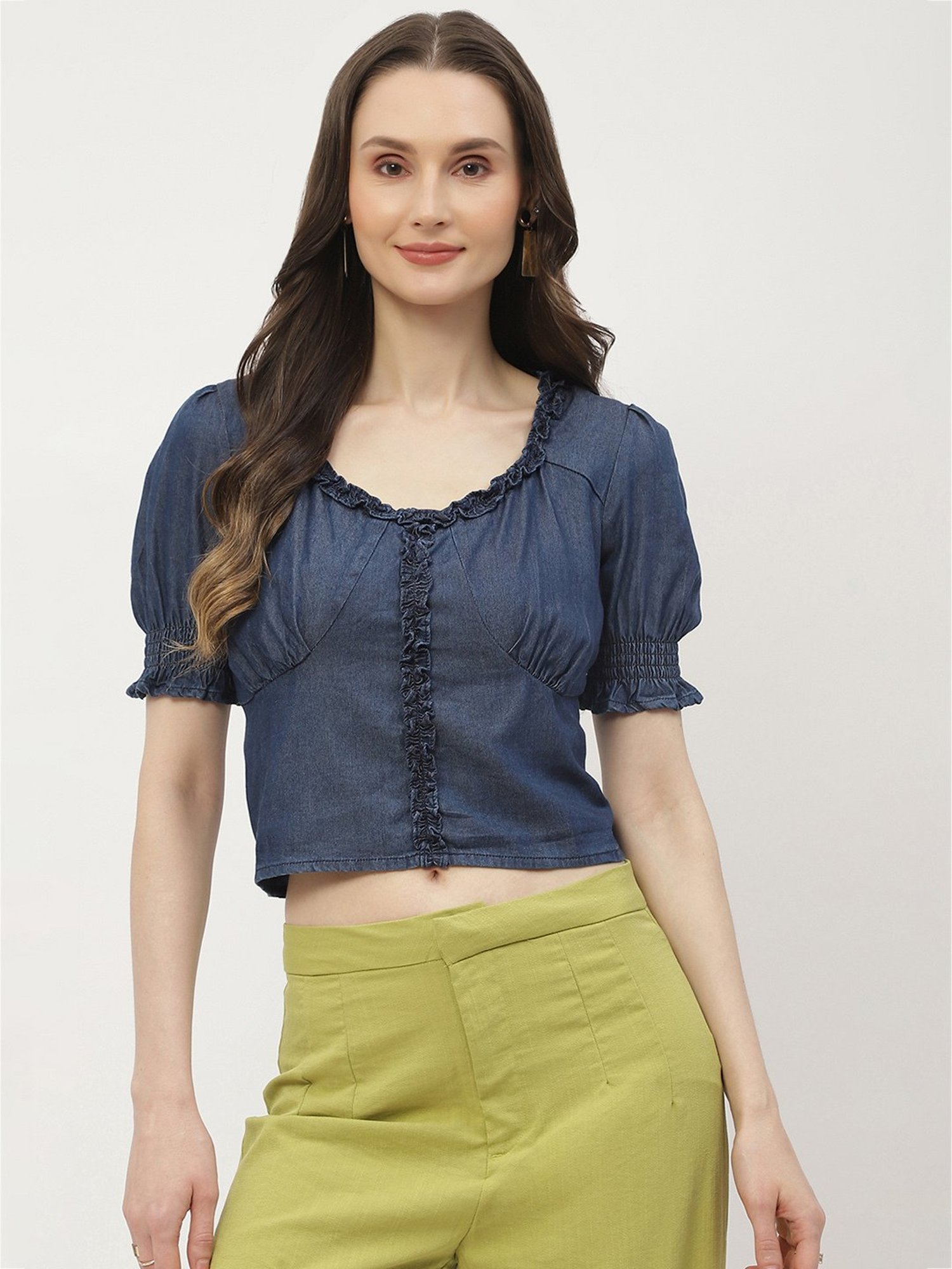 MADAME Navy Cotton Regular Fit Crop Top