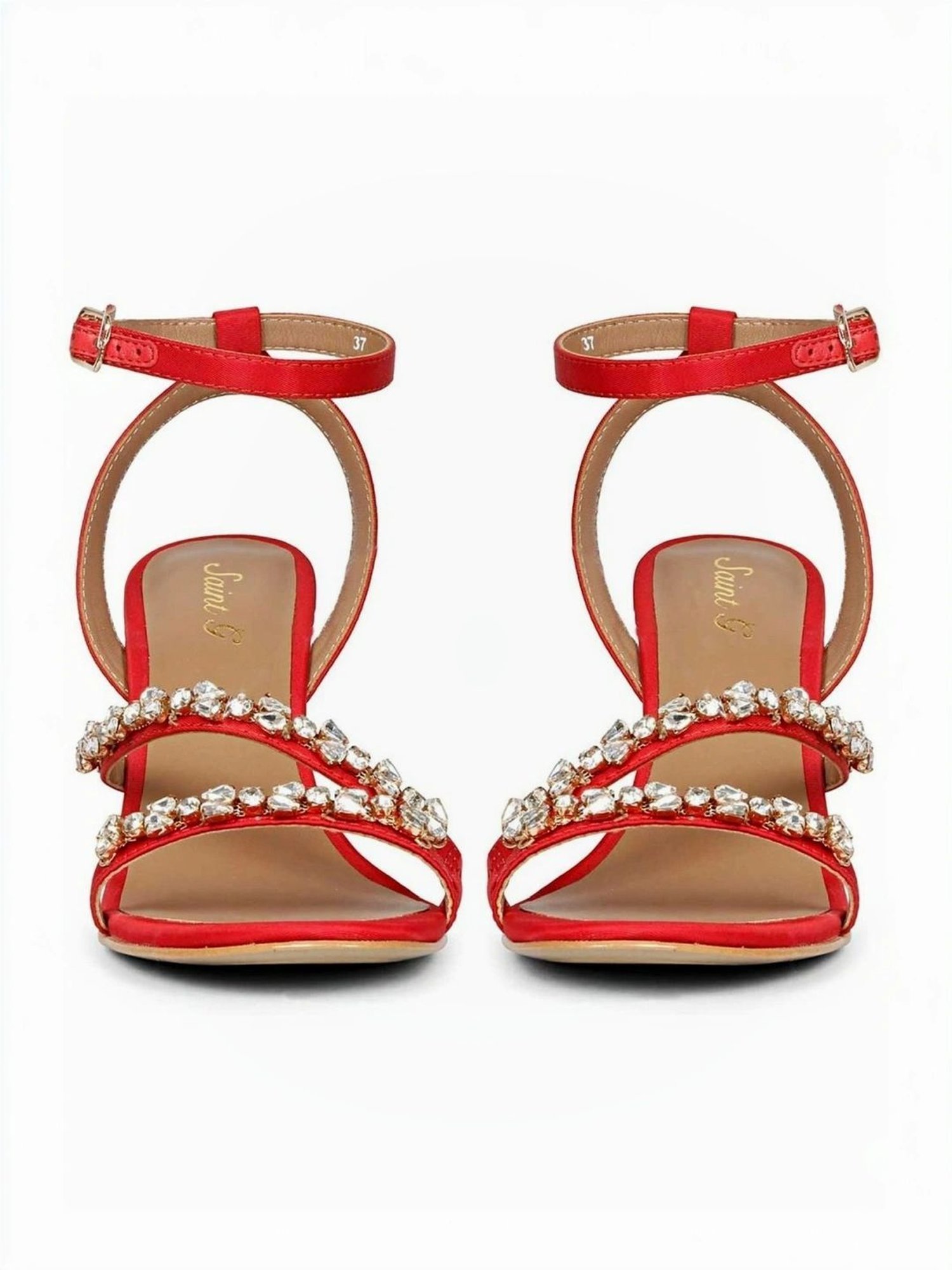 Saint G Women's Stone Embellished Red Ankle Strap Stilettos