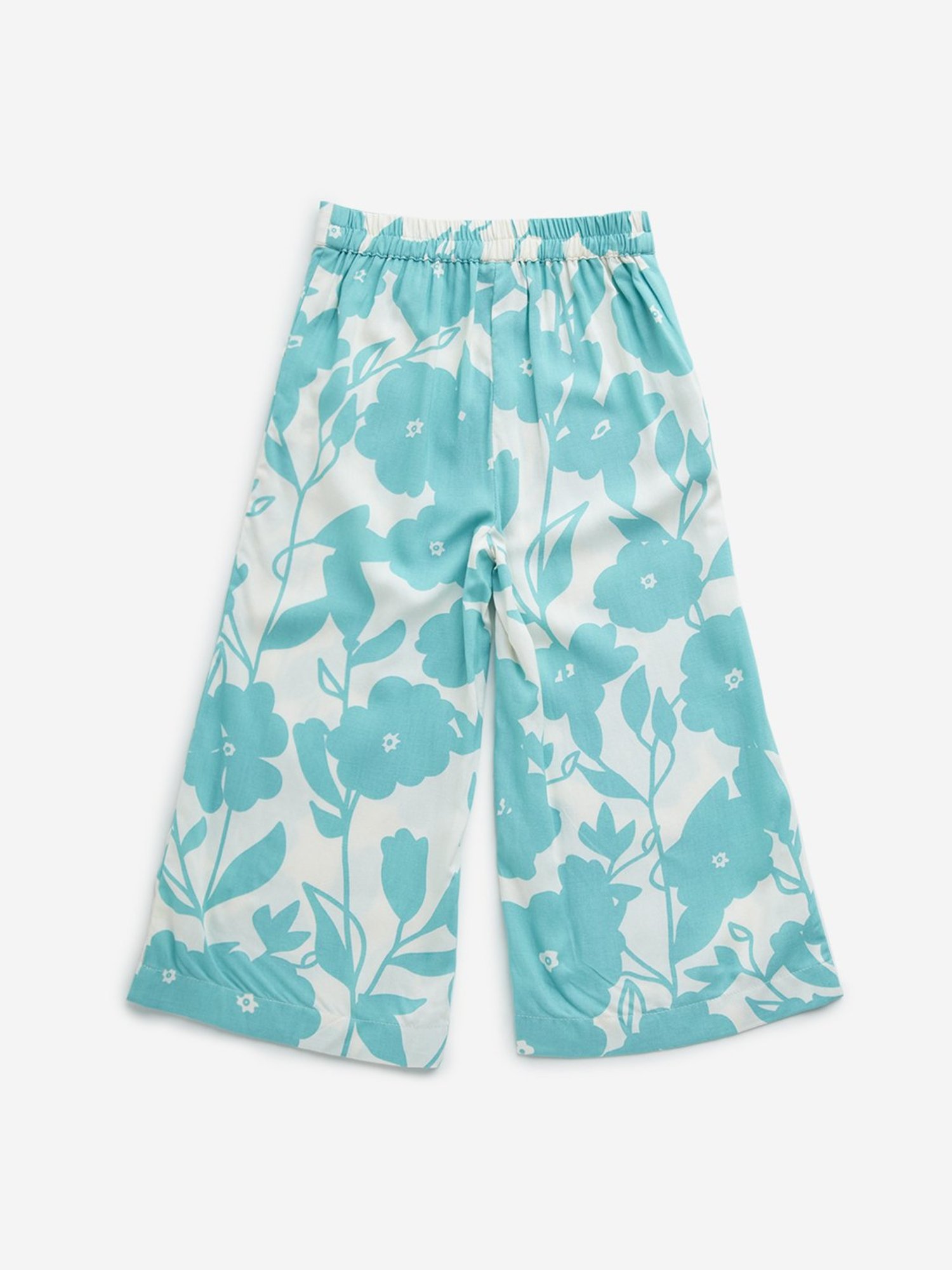 Utsa Kids by Westside Aqua Floral Print High-Rise Cotton Palazzos