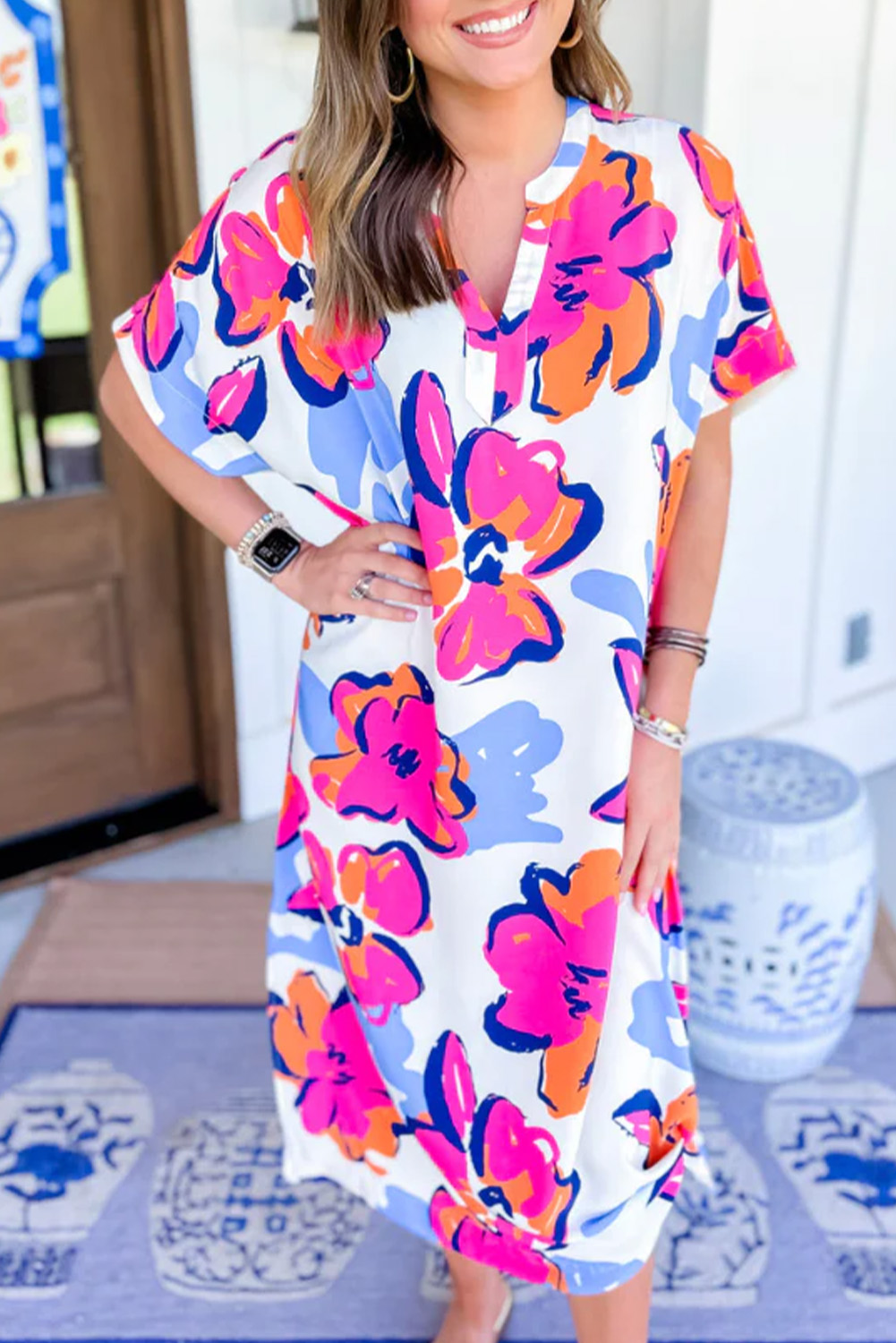 Multicolor Boho Floral Collared Long Sleeve Dress