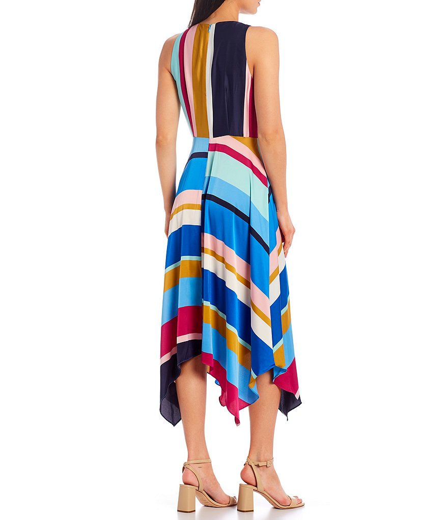 Maggy London Mixed Stripe Tie Waist Handkerchief Hem Midi Dress