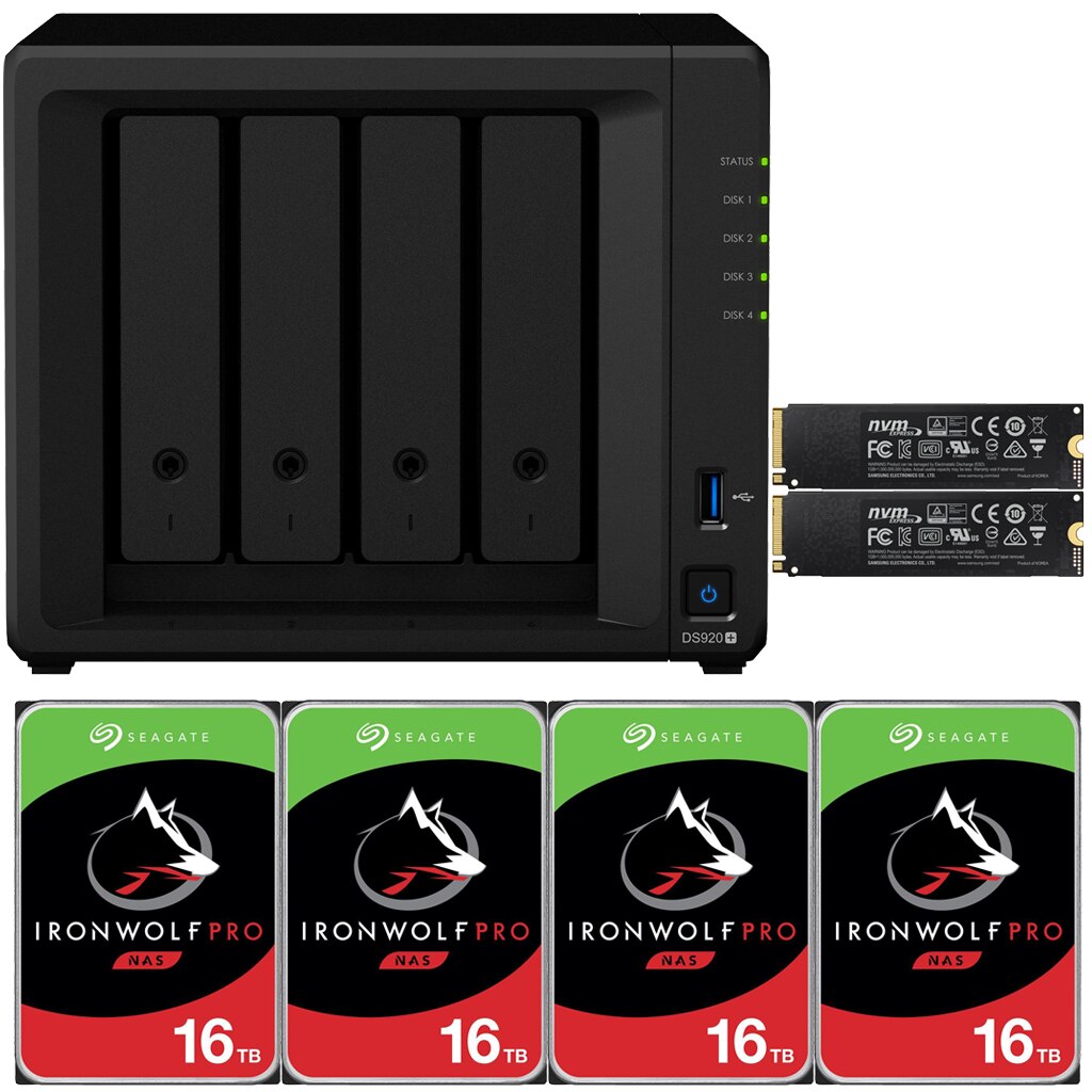 Synology DS920+ DiskStation with 8GB RAM and 48TB (4 x 12TB) of Seagate Ironwolf PRO Drives and 1TB (2x500GB) NVMe Cache Fully Assembled and Tested By CustomTechSales