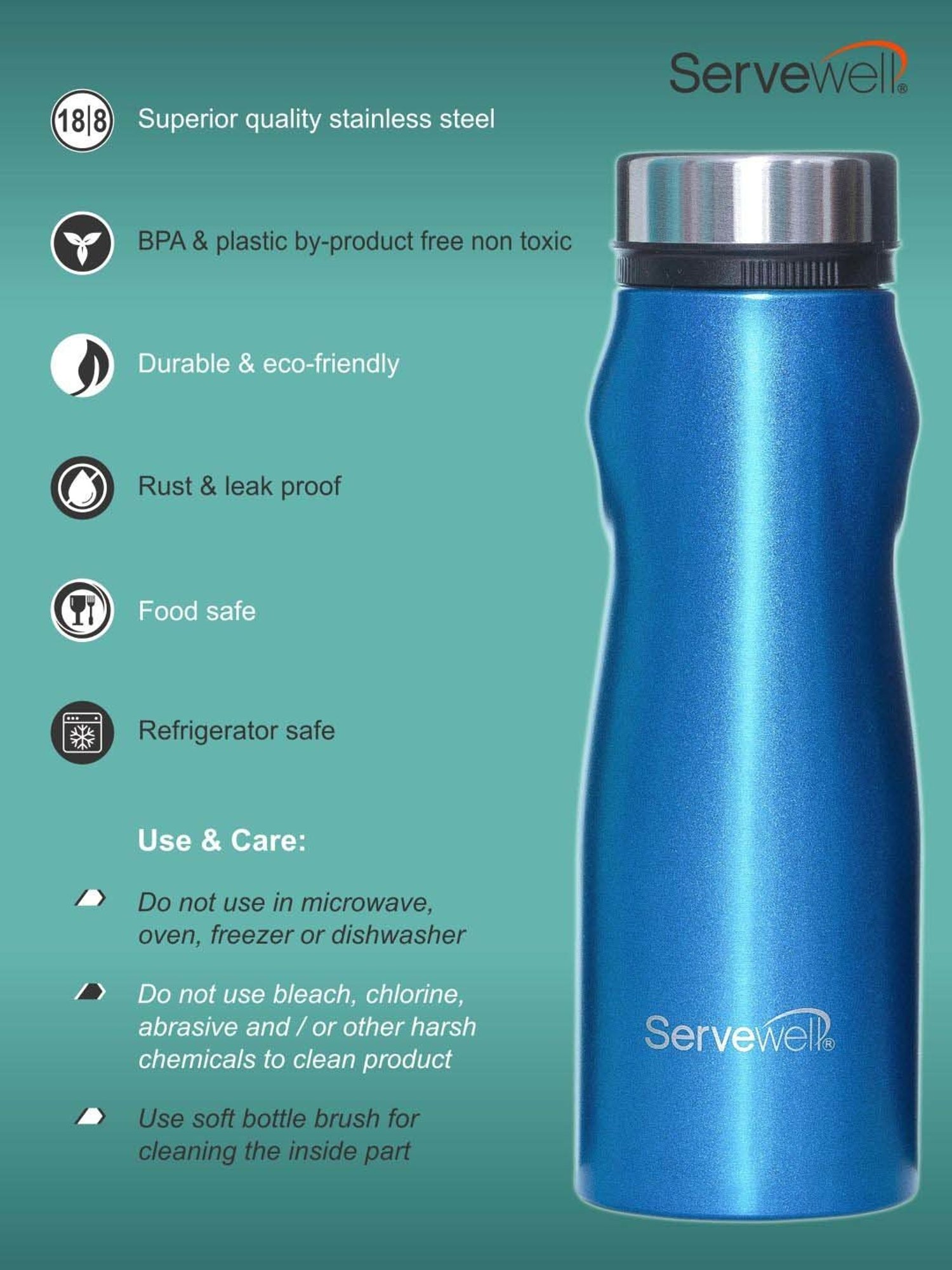 Servewell Striking Blue Steel Congo Single Wall Fridge Bottle (1 L)