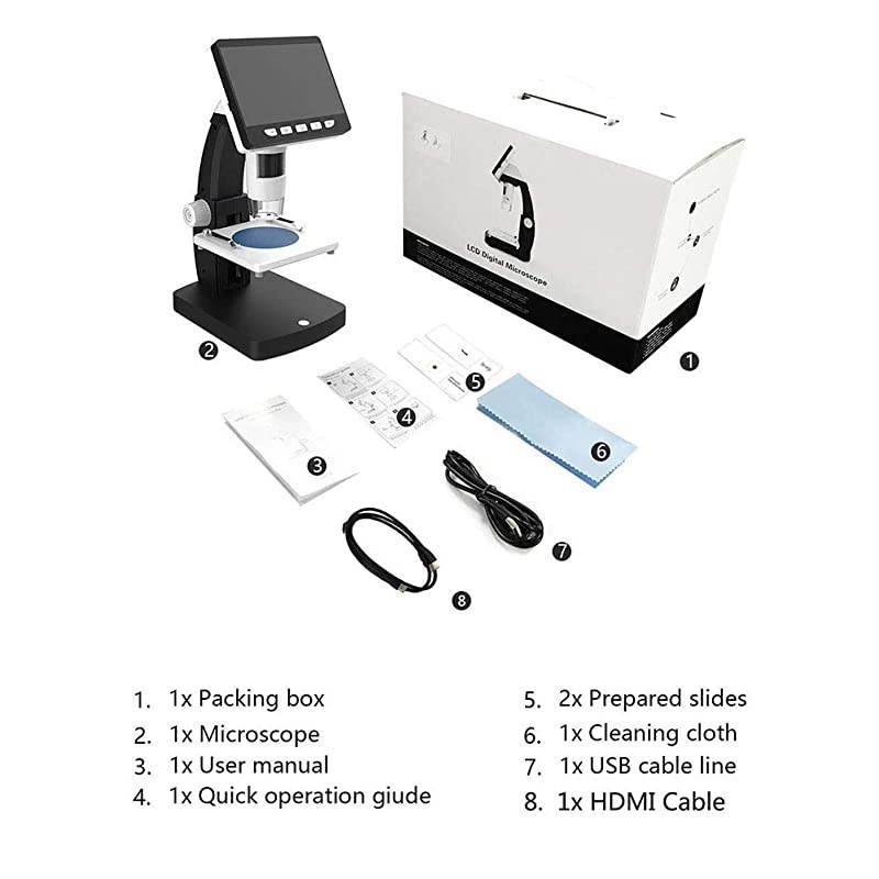 LCD Digital Microscope,  4.3 Inch 50X-1000X Magnification 1080P Compound Handheld Microscopes Camera with Rechargeable Battery Mini Hdmi Port 8 LED Lights 8G SD Card and Slides