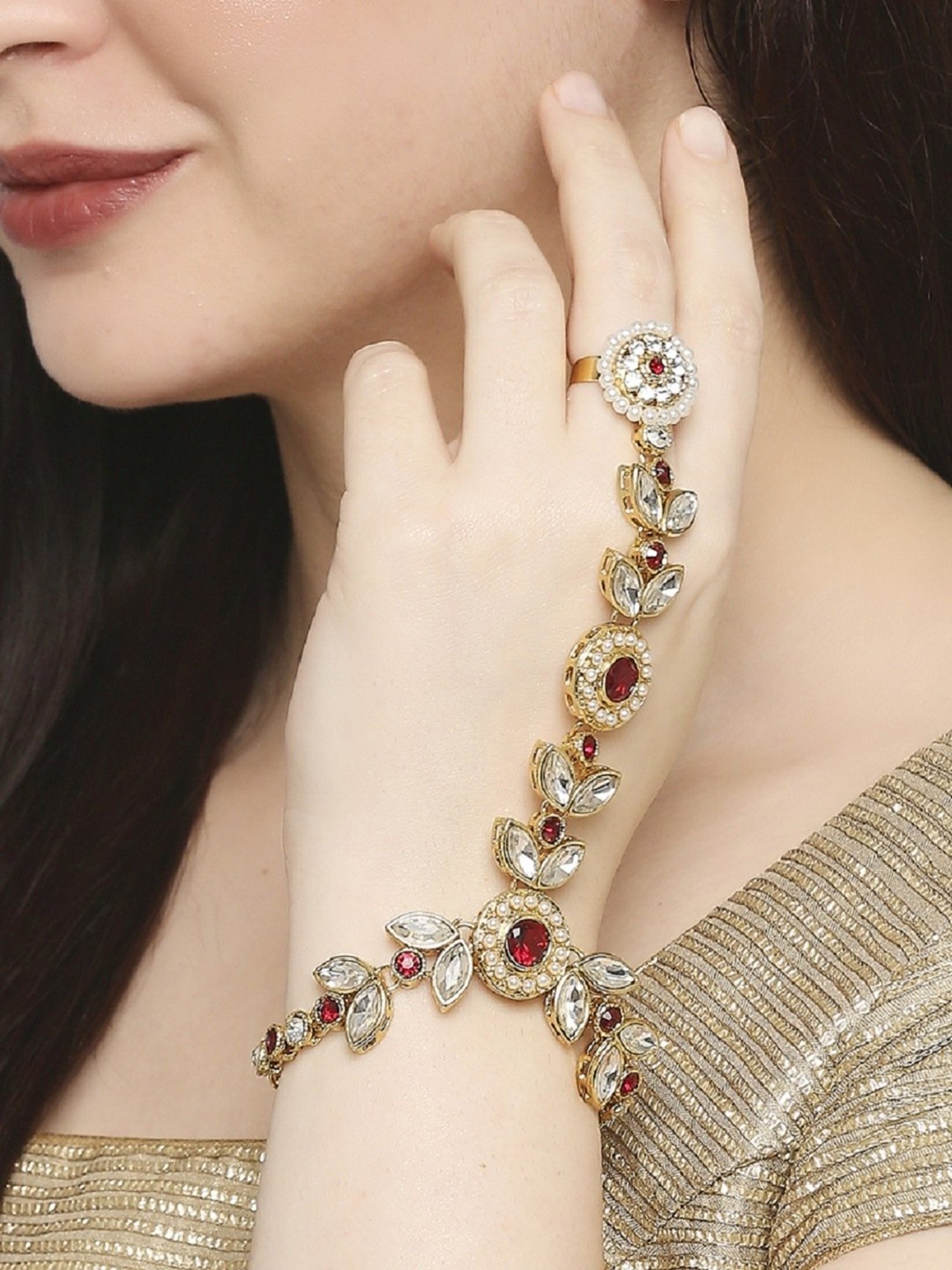 Oomph Red Stones & Kundan Ethnic Statement Hand Harness