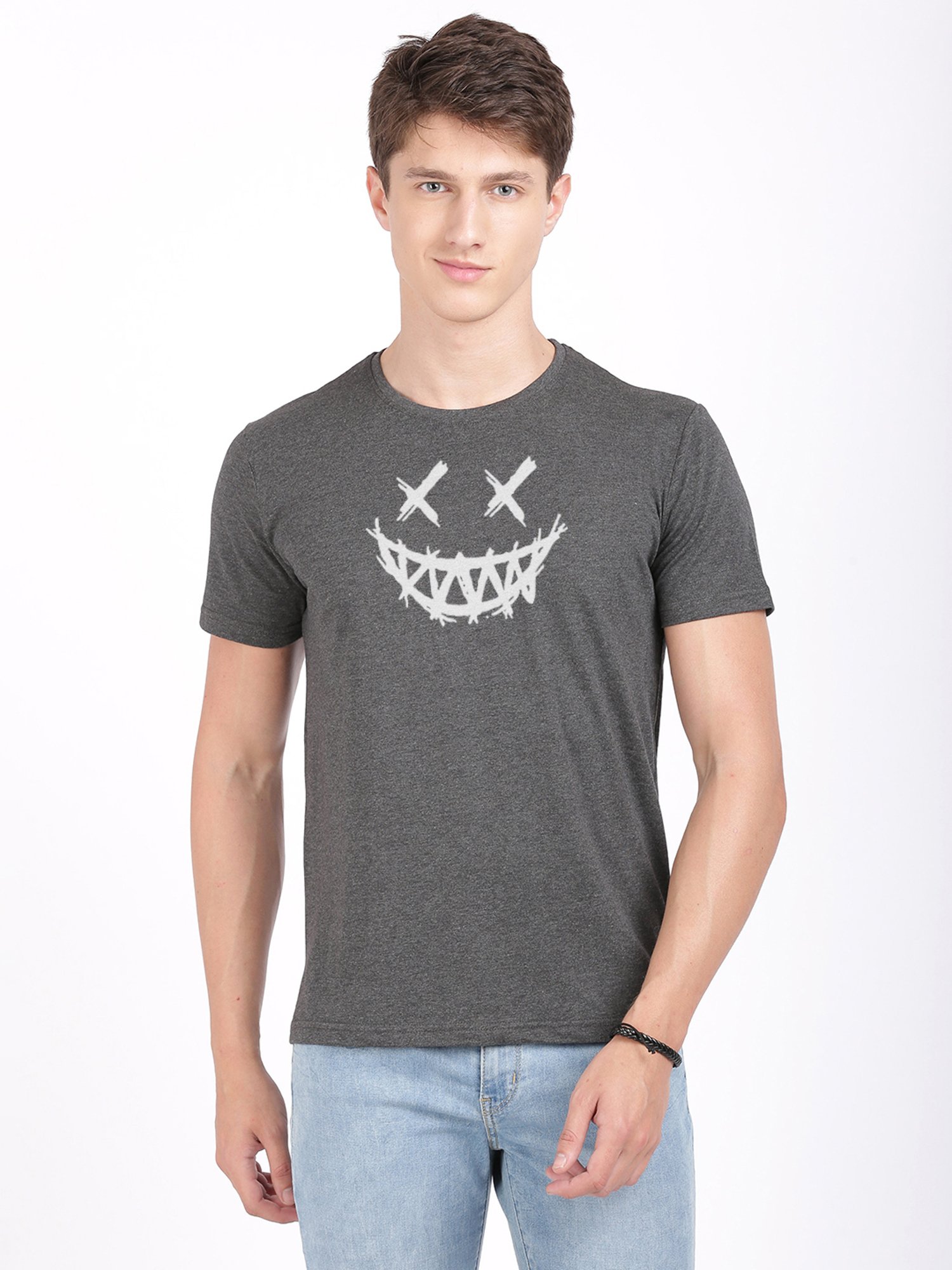 BLACK RADIO Charcoal Slim Fit Printed Crew T-Shirt