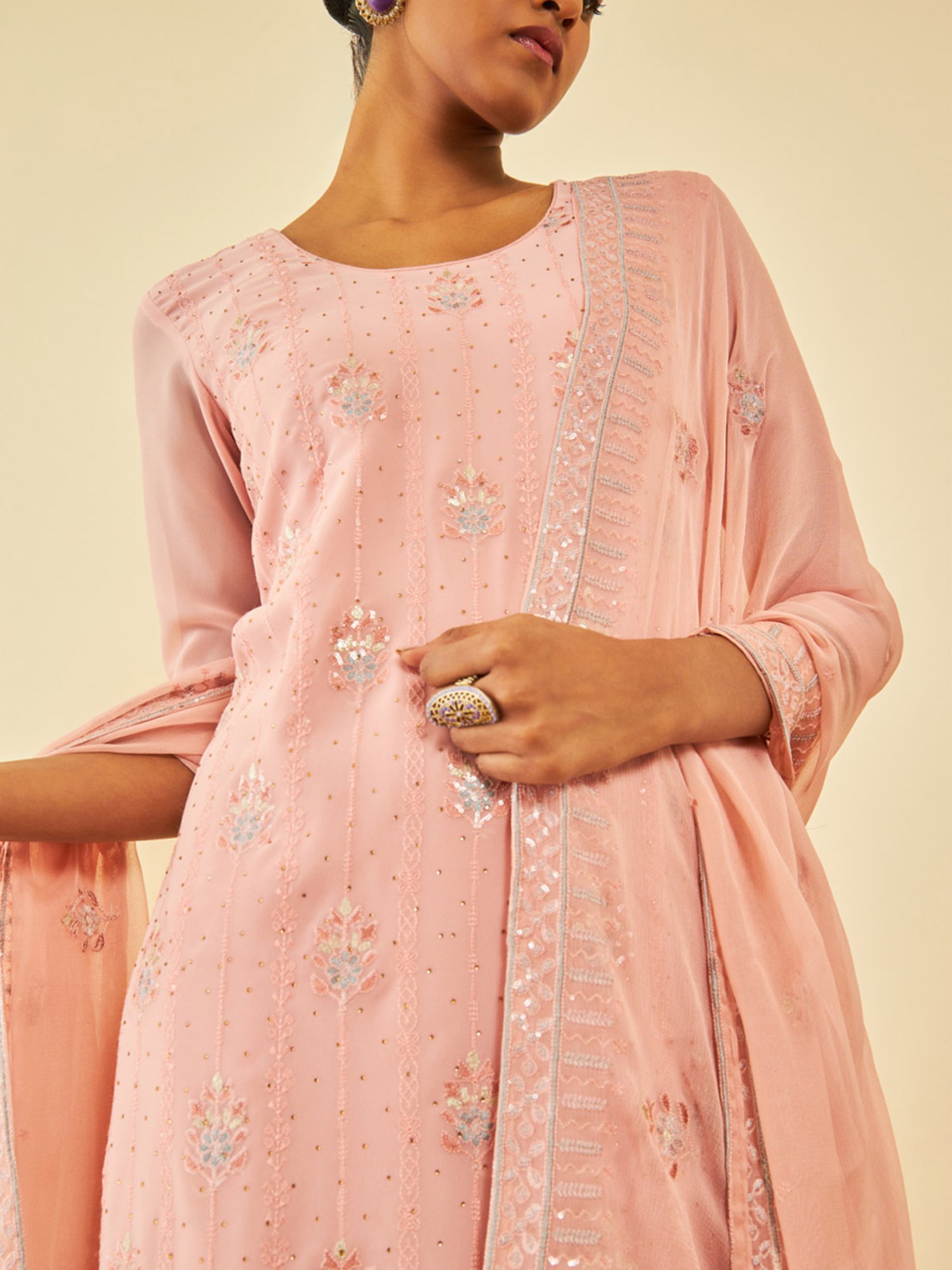 Soch Peach Georgette Embroidered Unstitch Dress Material With Stones