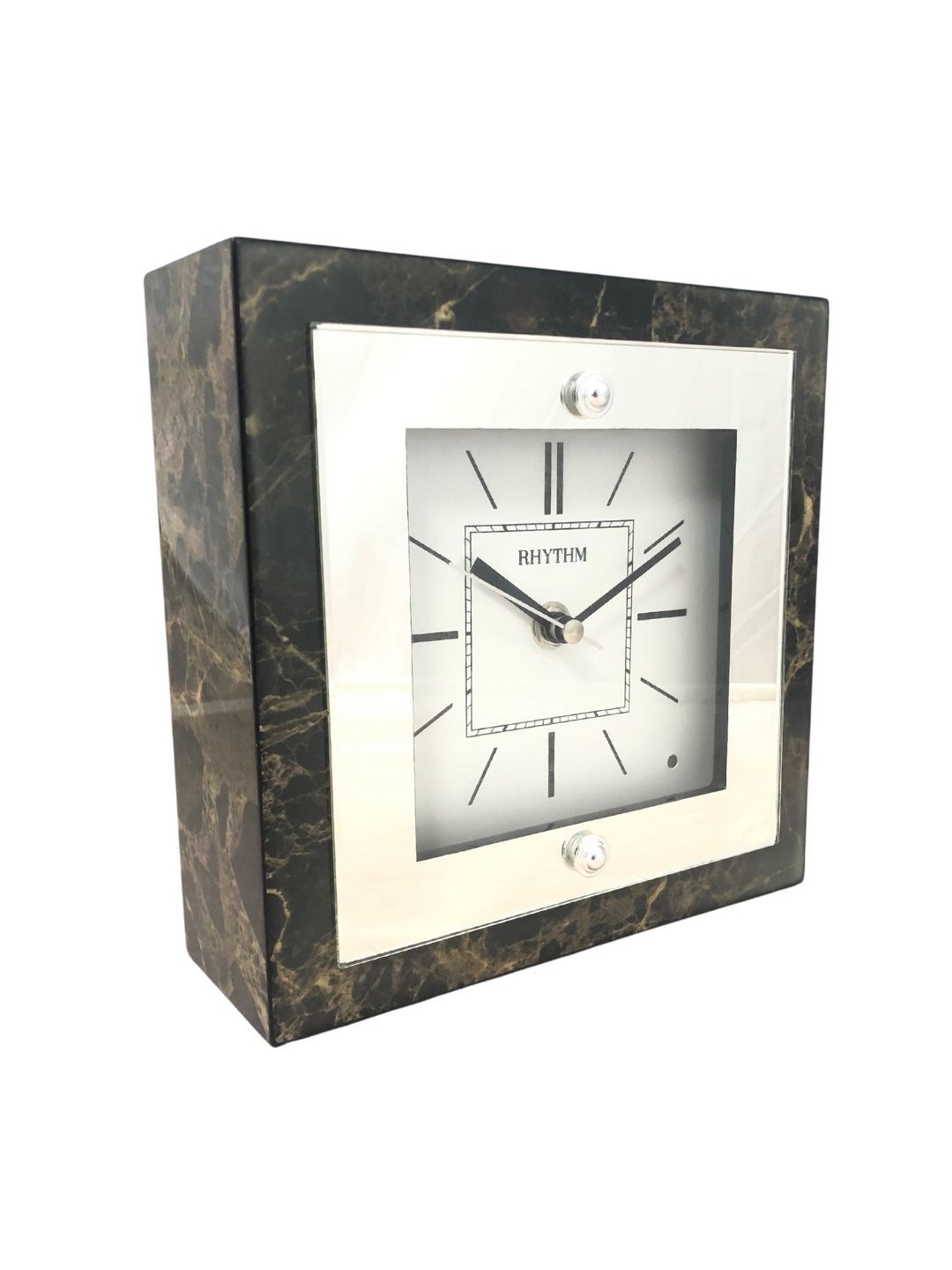 RHYTHM Elegant Square Black & Gold Wood Table Clock