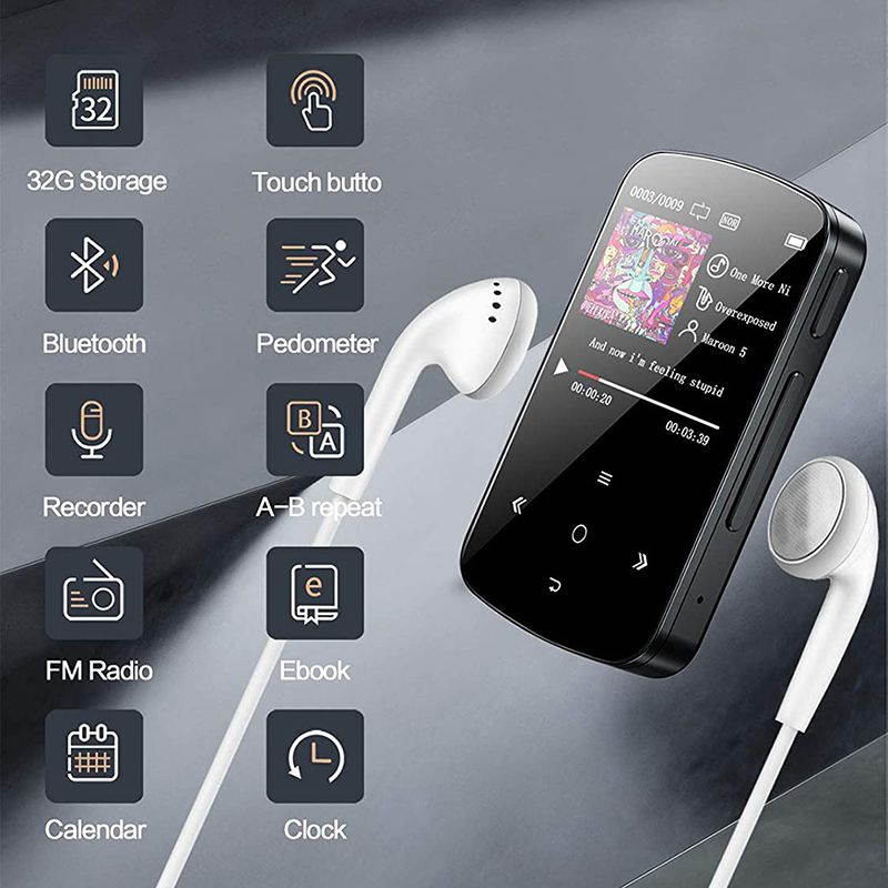MP3 Player Clip Bluetooth FM Radio Portable Touch Screen Music Player for Running Sport Pedometer Voice Recorder Lossless Earphones w/MicroSD card slot
