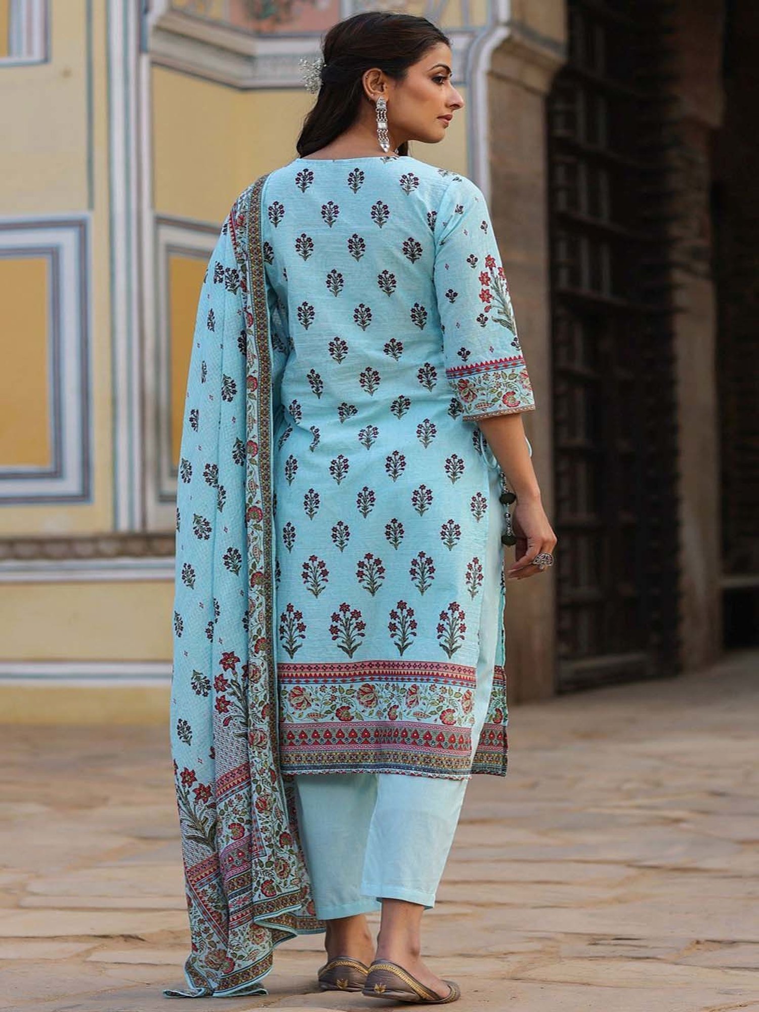 Juniper Sky Blue Ethnic Motif Print Cotton Kurta,Pants & Kota Doria Dupatta Set With beads & Sequins