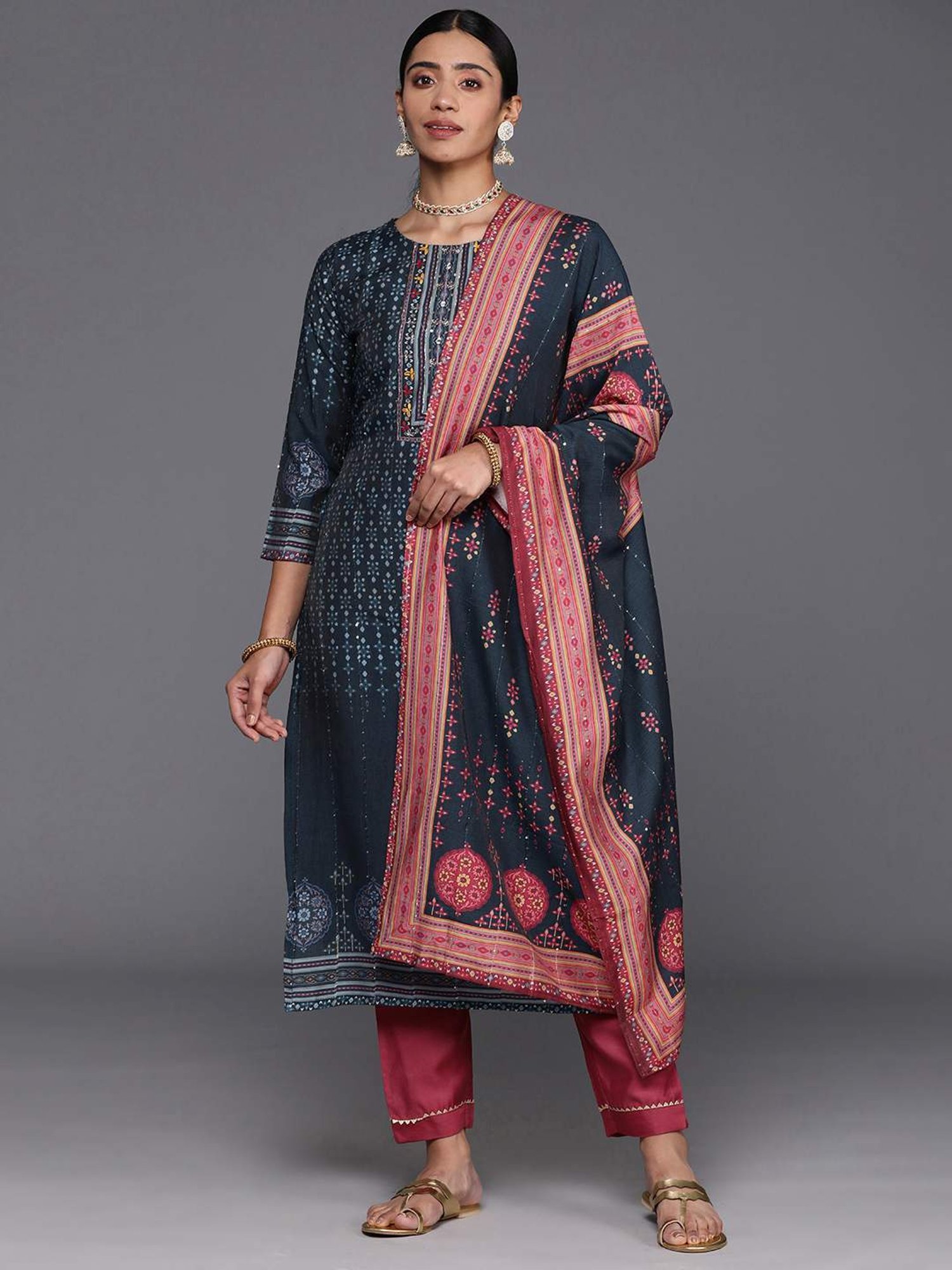 Varanga Blue & Pink Cotton Printed Kurta Pant Set With Dupatta