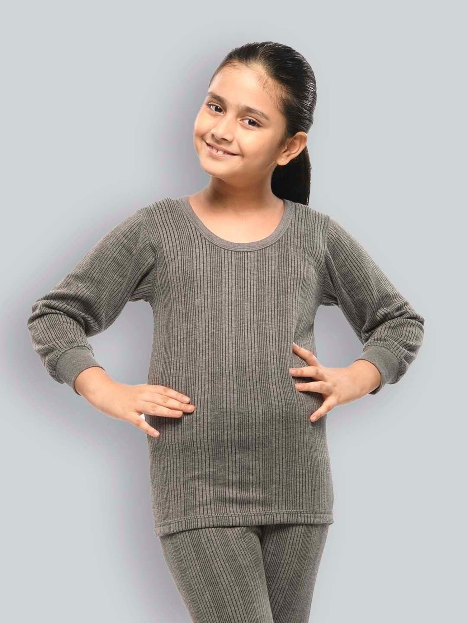 Dyca Kids Grey Melange Textured Thermal Top (Pack Of 2)