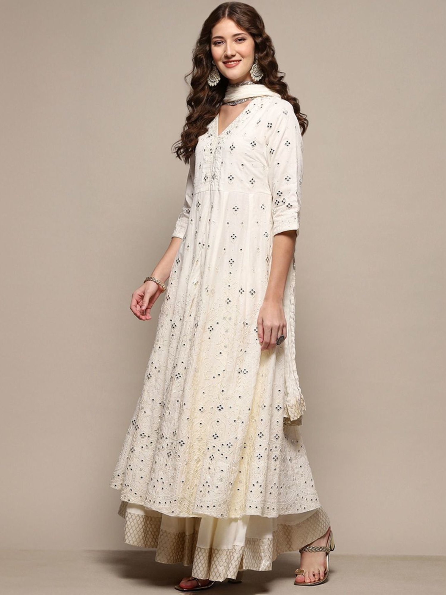 Biba Off-White Cotton Embroidered Kurta Skirt Set With Dupatta