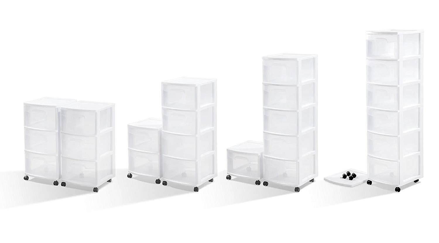 STERILITE 3 Drawer Cart, White Frame with Clear Drawers and Black Casters, (2-Pack)