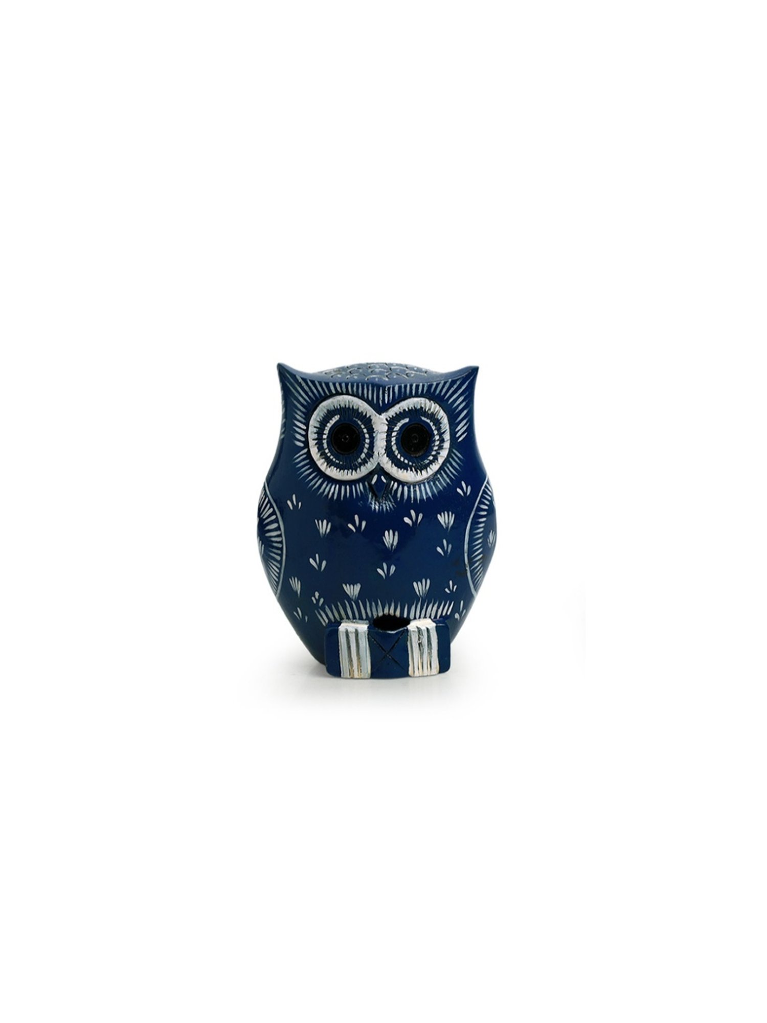 ExclusiveLane Hand-painted Navy Blue & Off-White Eucalyptus Wood The Enlightened Owl Showpiece
