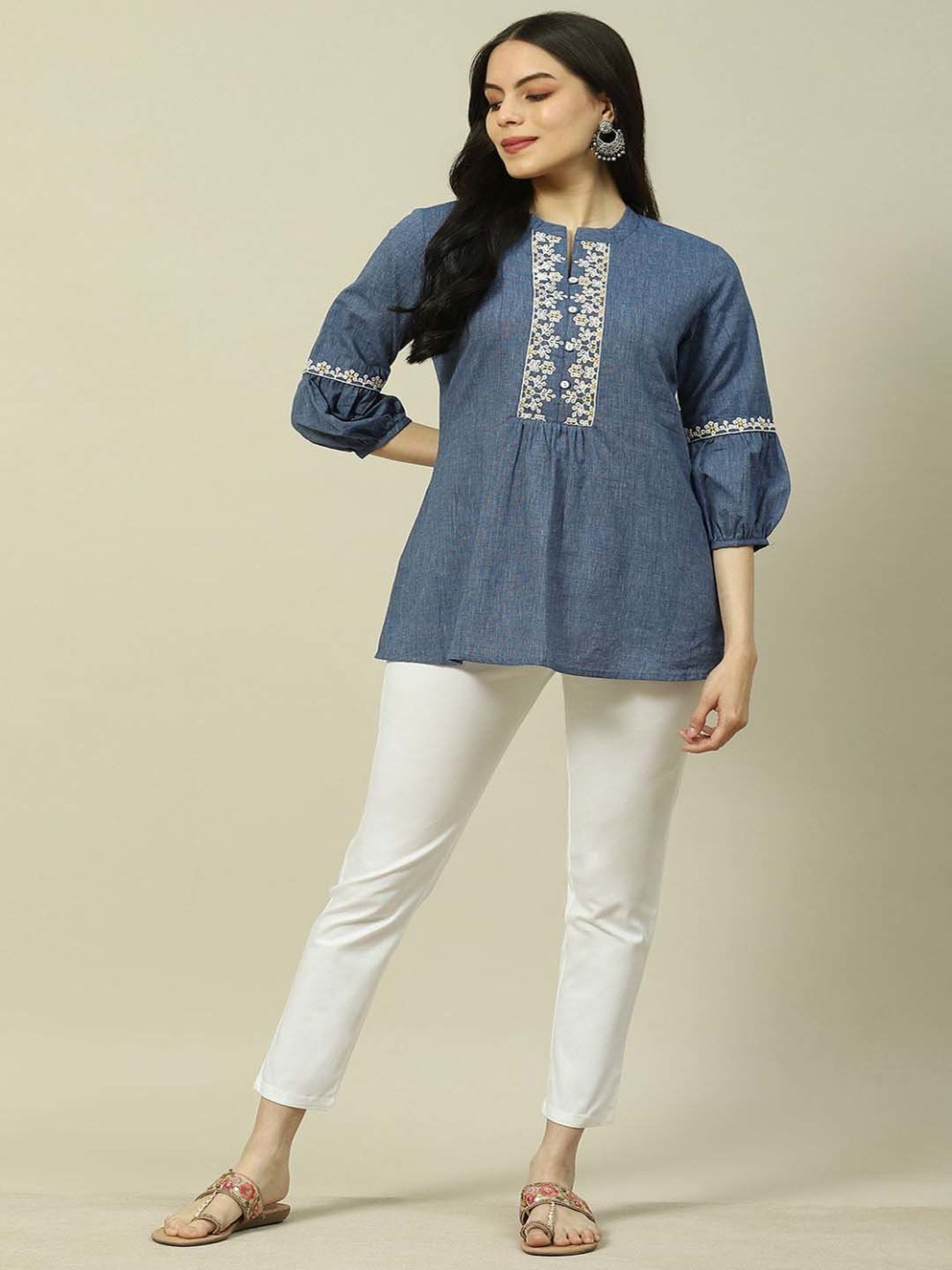 Rangriti Blue Embroidered Top