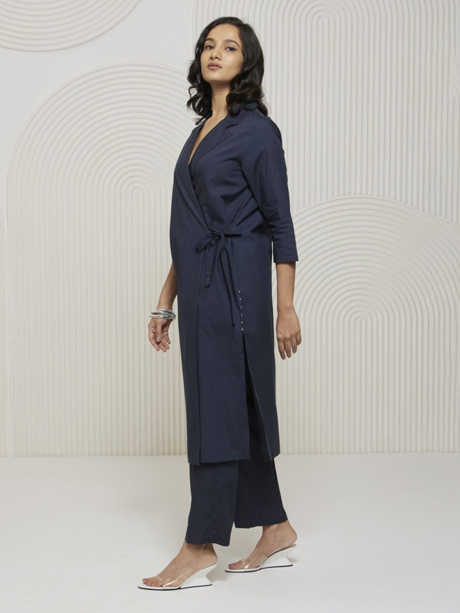 Artagai Midnight Navy Elevated Basics Co-Ord Set With Notch Collar Top And Straight Pants