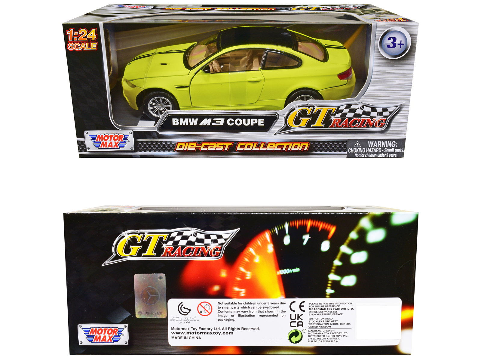 BMW M3 Coupe Neon Yellow with Matt Black Top and Stripes "GT Racing" Series 1/24 Diecast Model Car by Motormax