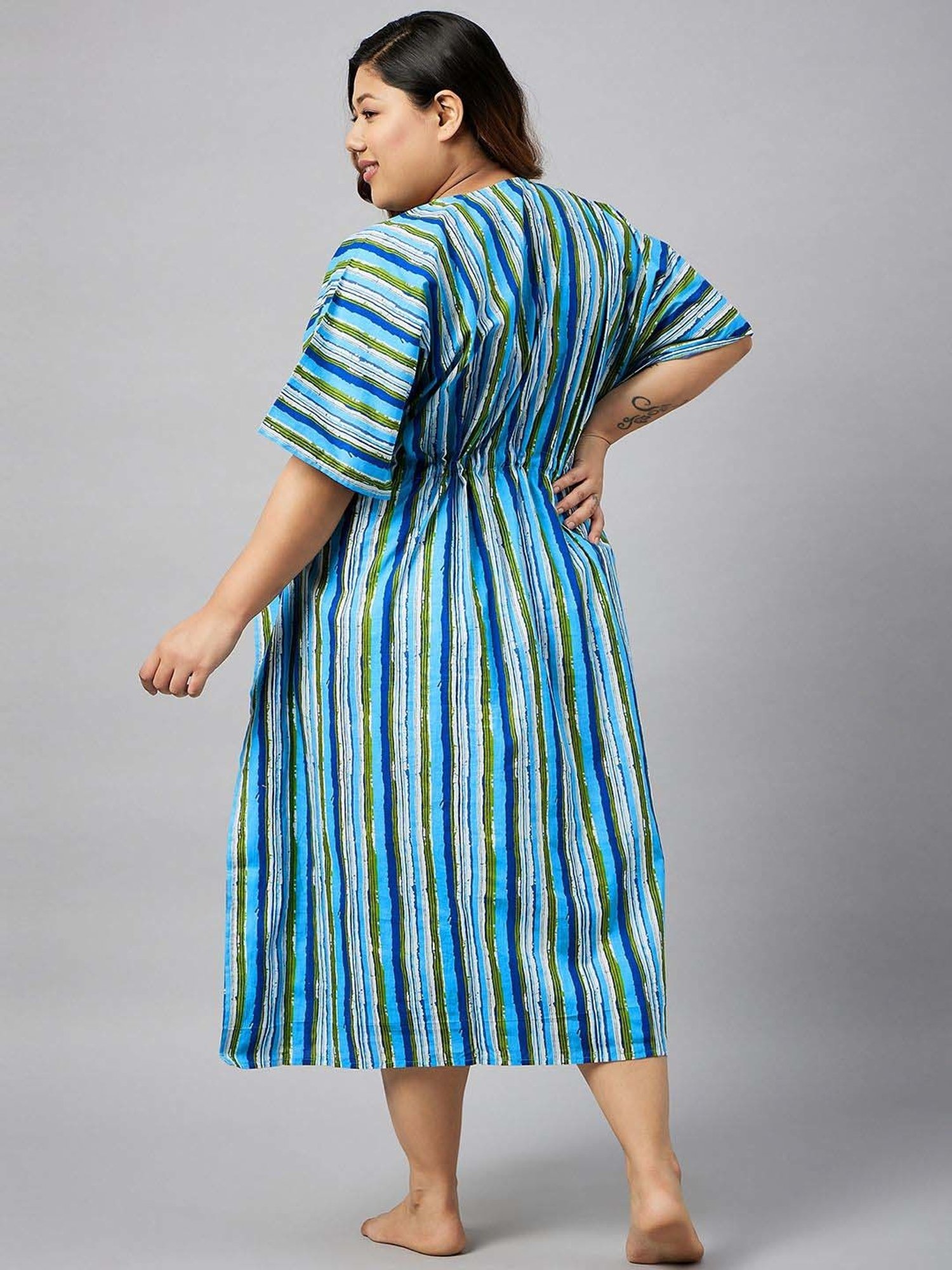 Secrets By ZeroKaata Peacock Blue Cotton Printed Kaftan