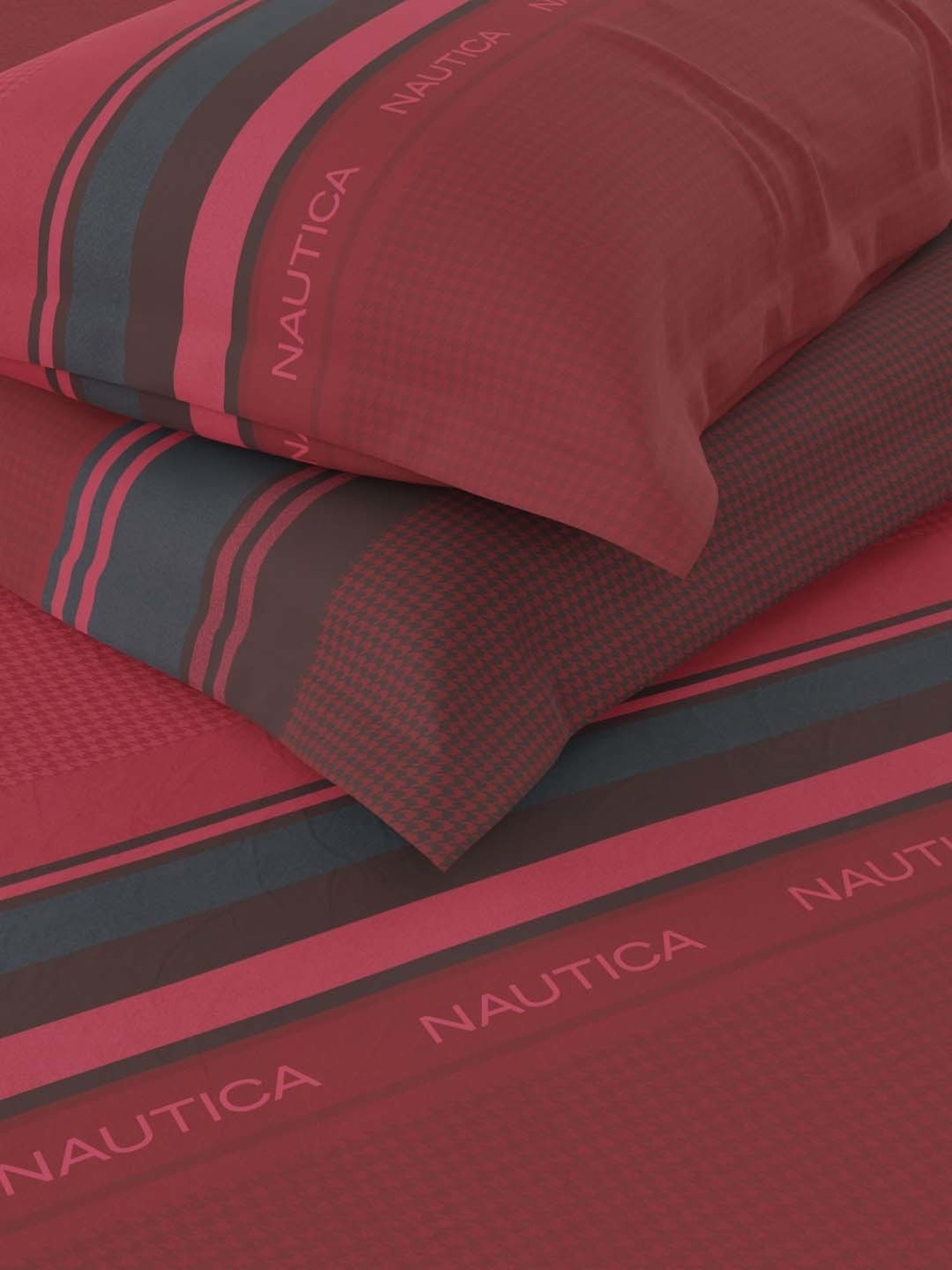 NAUTICA Hampton Red & Black Satin Cotton 210 TC Super King Bedsheet with 2 Pillow Cover