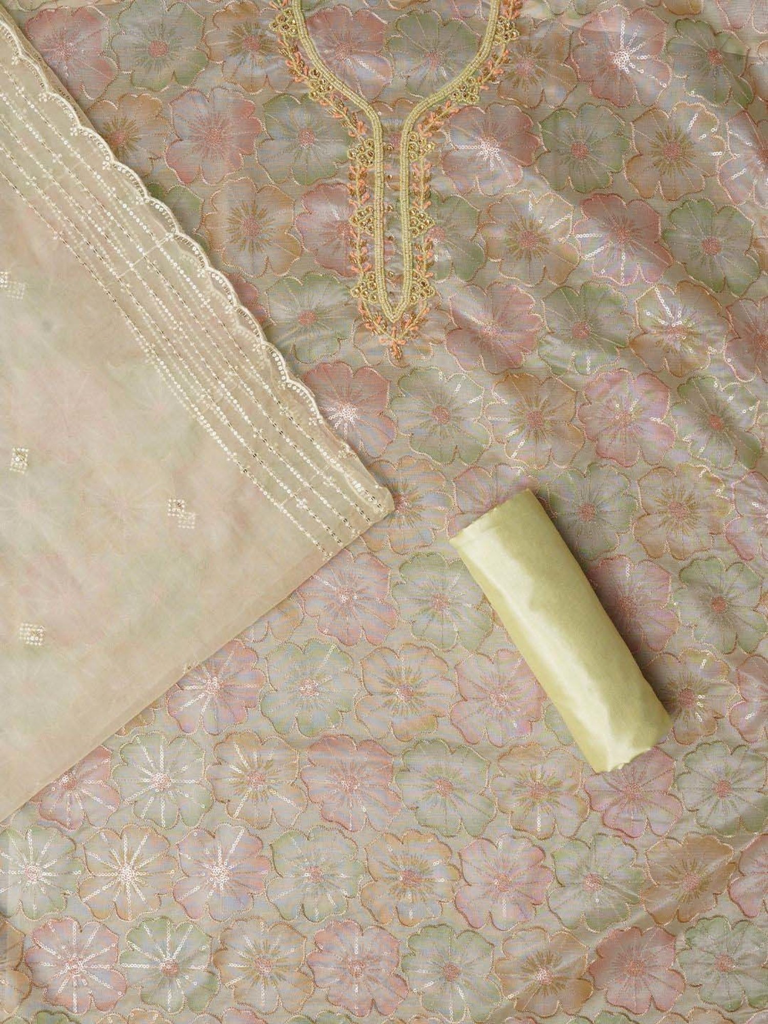 Jaipur Kurti Green & Pink Embroidered Unstitched Dress Material