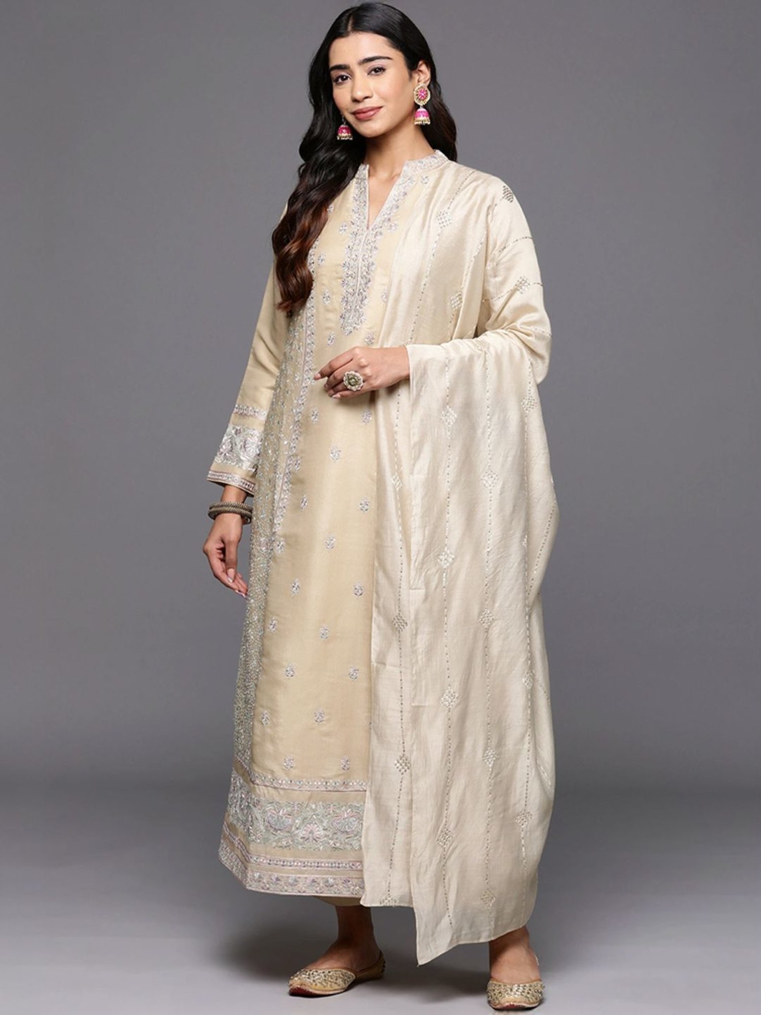 Libas Art Beige Embroidered Kurta Pant Set With Dupatta