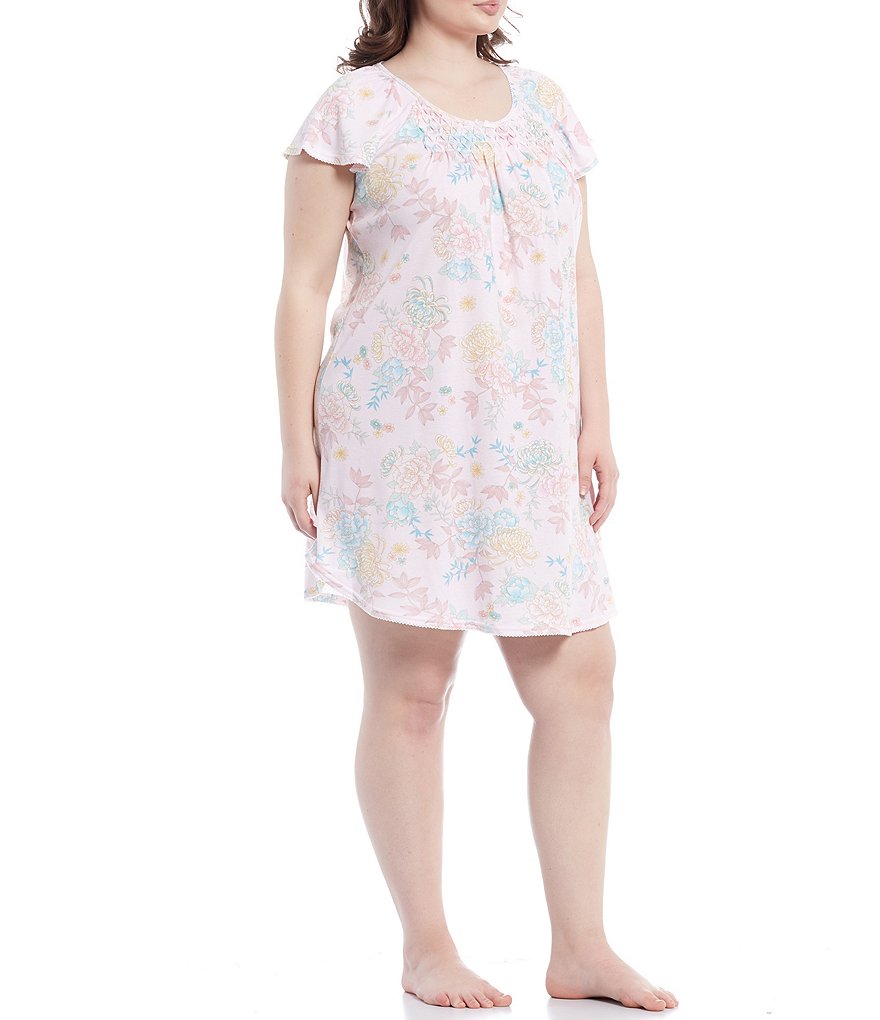 Miss Elaine Plus Cottonessa Floral Printed Round Neck Short Nightgown