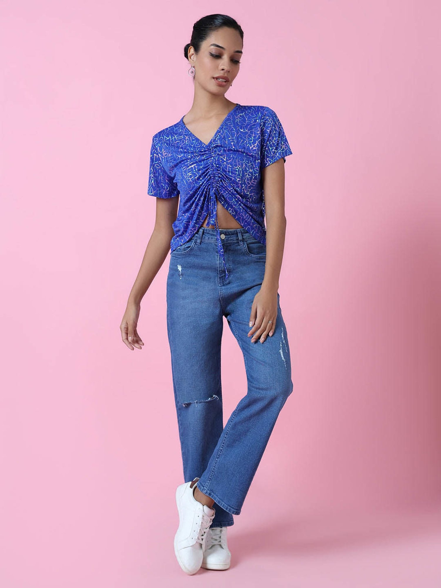SHOWOFF Blue Printed Crop Top