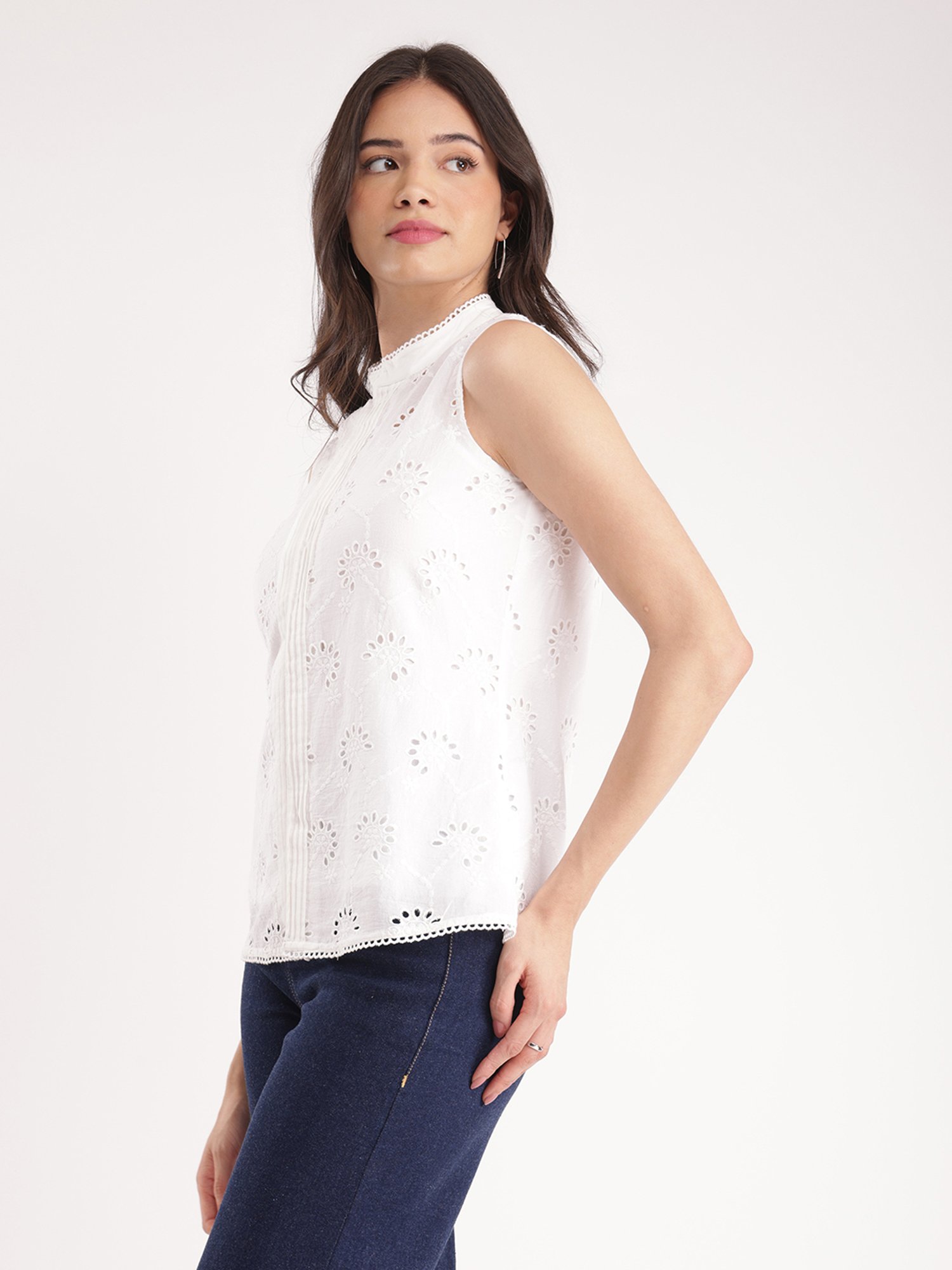 Fablestreet White Cotton Self Design Top