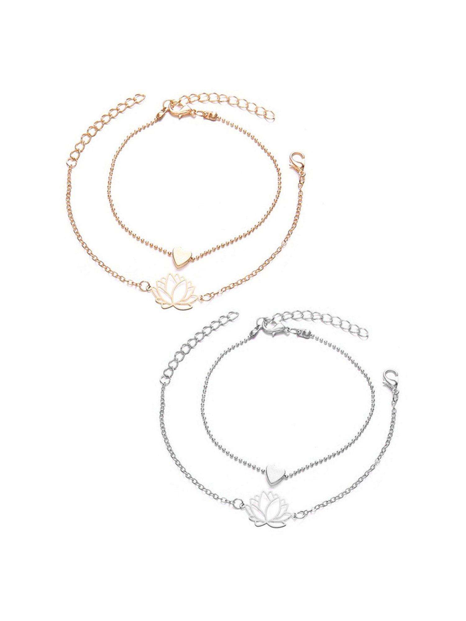 OOMPH Gold & Silver-Tone Lotus & Heart Stylish Latest Anklet for Women - Set of 4